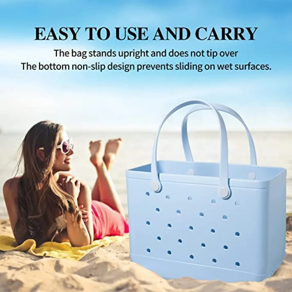 Rubber Beach Bag EVA Perforated Fluid Sandproof Sturdy Open Silicone Tote Bag for Outdoor Beach Pool Sports,Purple