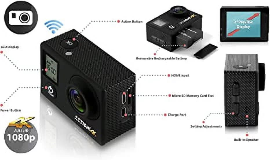 SereneLife 4K Ultra HD Wi-Fi Pro Sport Action Camera - 1080p UHD Mini Digital Video Camcorder Kit