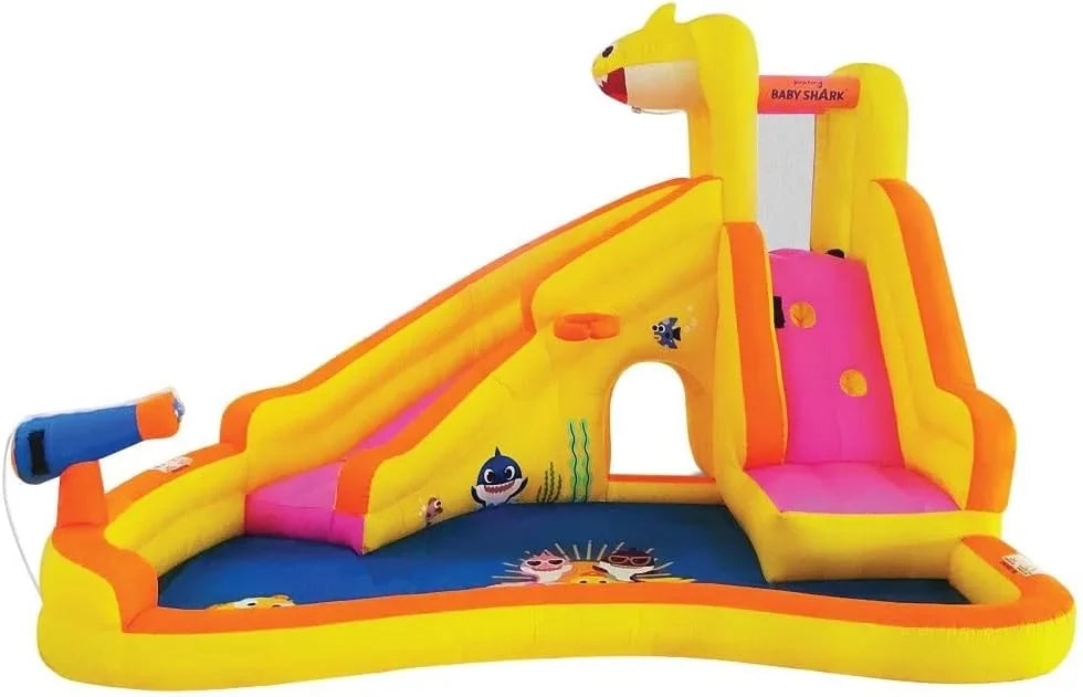 Funormous Baby Shark Bounce House with Slide Wet or Dry, Pink Fong Inflatable Fluid Slide, Party Outdoor Curve Fluid Fun, Kids Backyard Fluid Park, Includes Fluid Sprayer, Pool & Blower