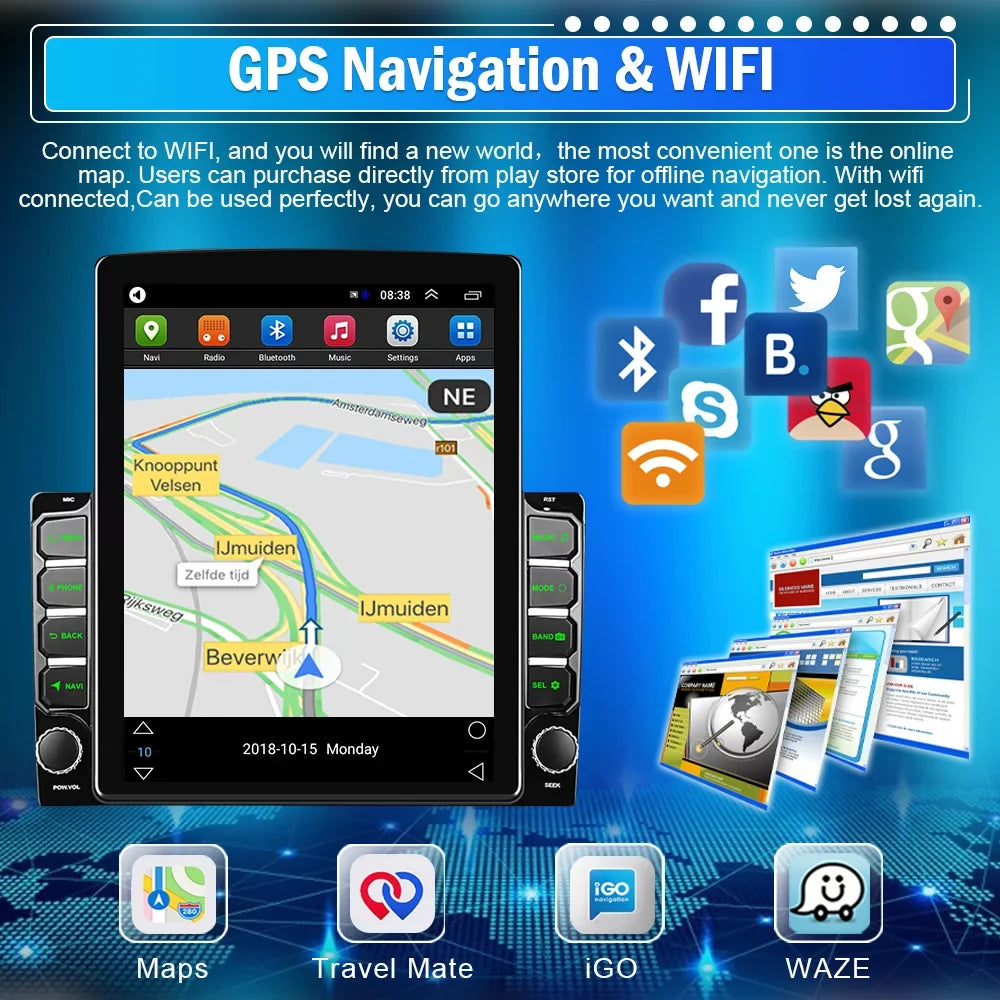 Podofo Double 2 Din 9.7 inch Vertical Touch Monitor Car Stereo Radio Android 12 Mirror Link GPS Navi Bluetooth Wifi GPS FM USB with Backup Camera