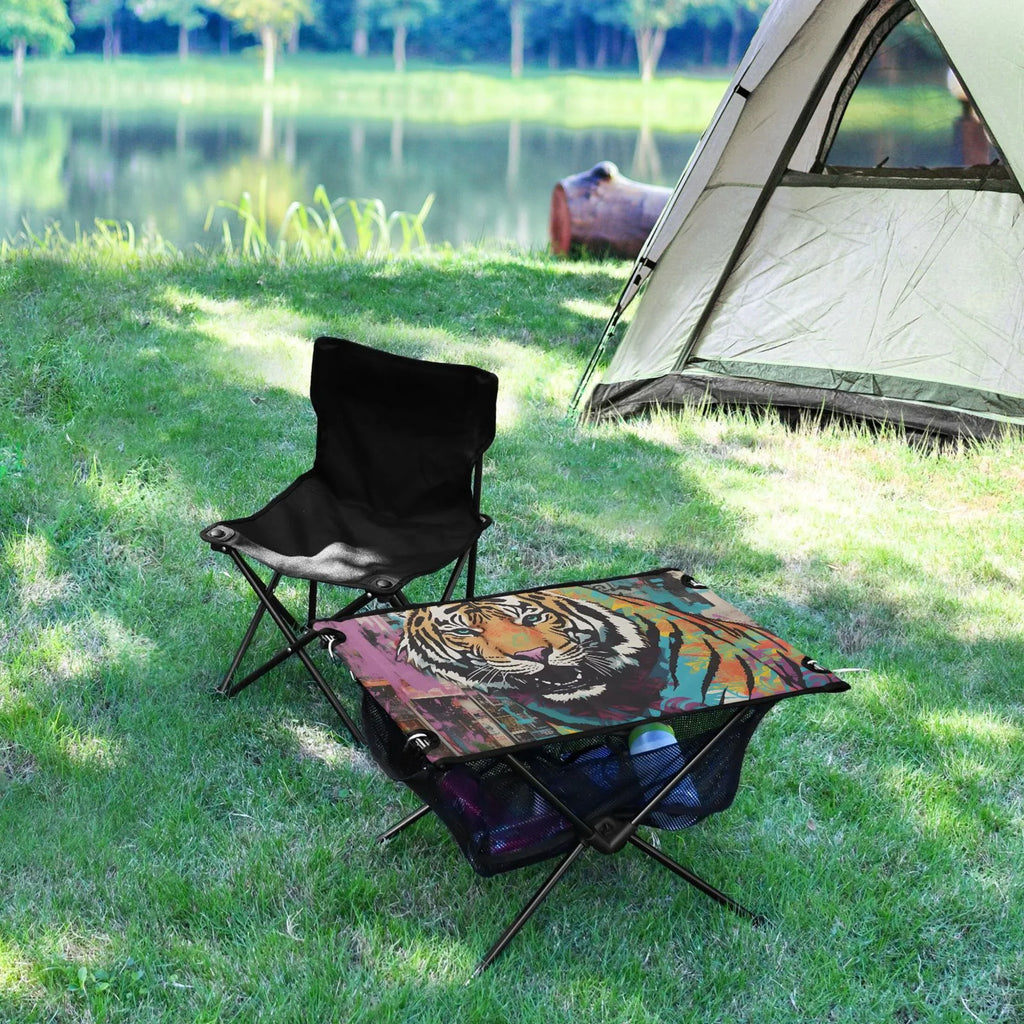 Tiger Abstract Camping Foldable Portable Table Beach Table with Storage Bag Compact Picnic Table for Outdoor Hiking Fishing BBQ