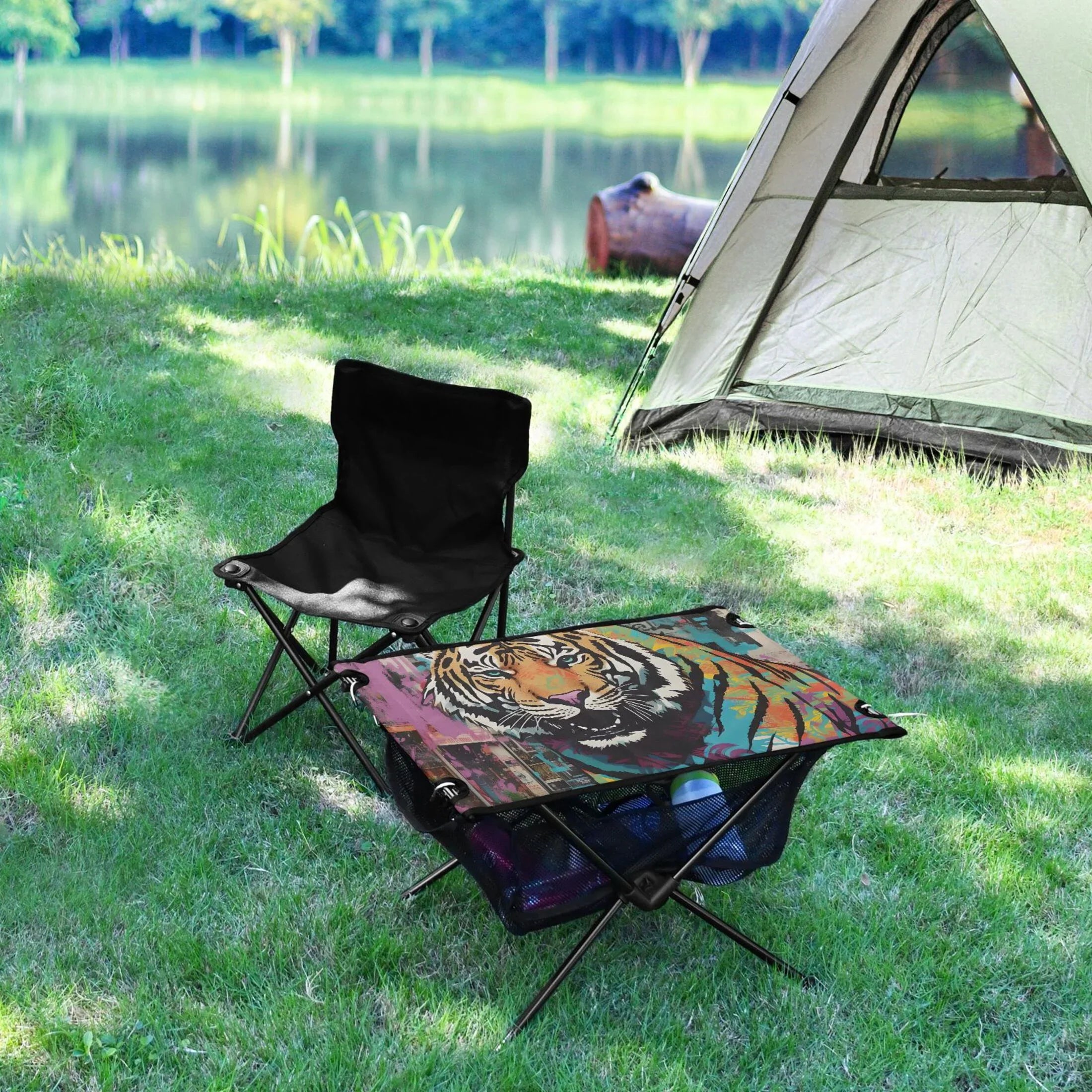 Tiger Abstract Camping Foldable Portable Table Beach Table with Storage Bag Compact Picnic Table for Outdoor Hiking Fishing BBQ