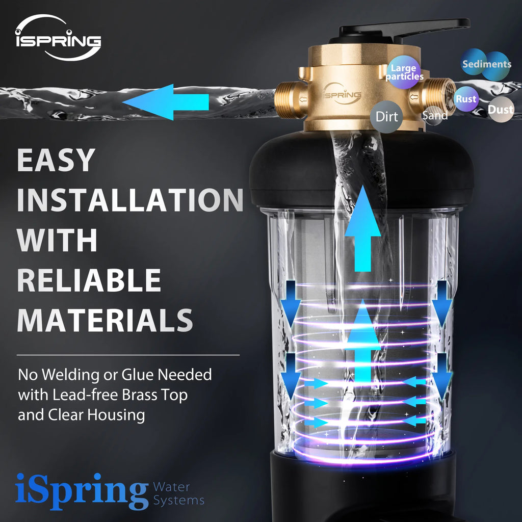 iSpring WSP500ARJ-BP Whole House Prefilter, Spin-Down Sediment Liquid Filter with Bypass, Upgraded Clear Housing, Jumbo Size, Flushable and Reusable, Monitor Auto Flushing, 4 Modes, 500 Microns