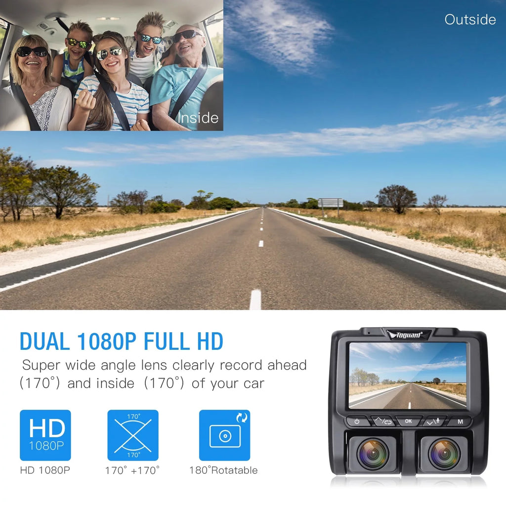 TOGUARD Dual Dash Cam Front and Inside 1080P Dash Camera 3" LCD Monitor Car Camera with IR Night Vision Parking Monitor, G-Sensor, Loop Recording