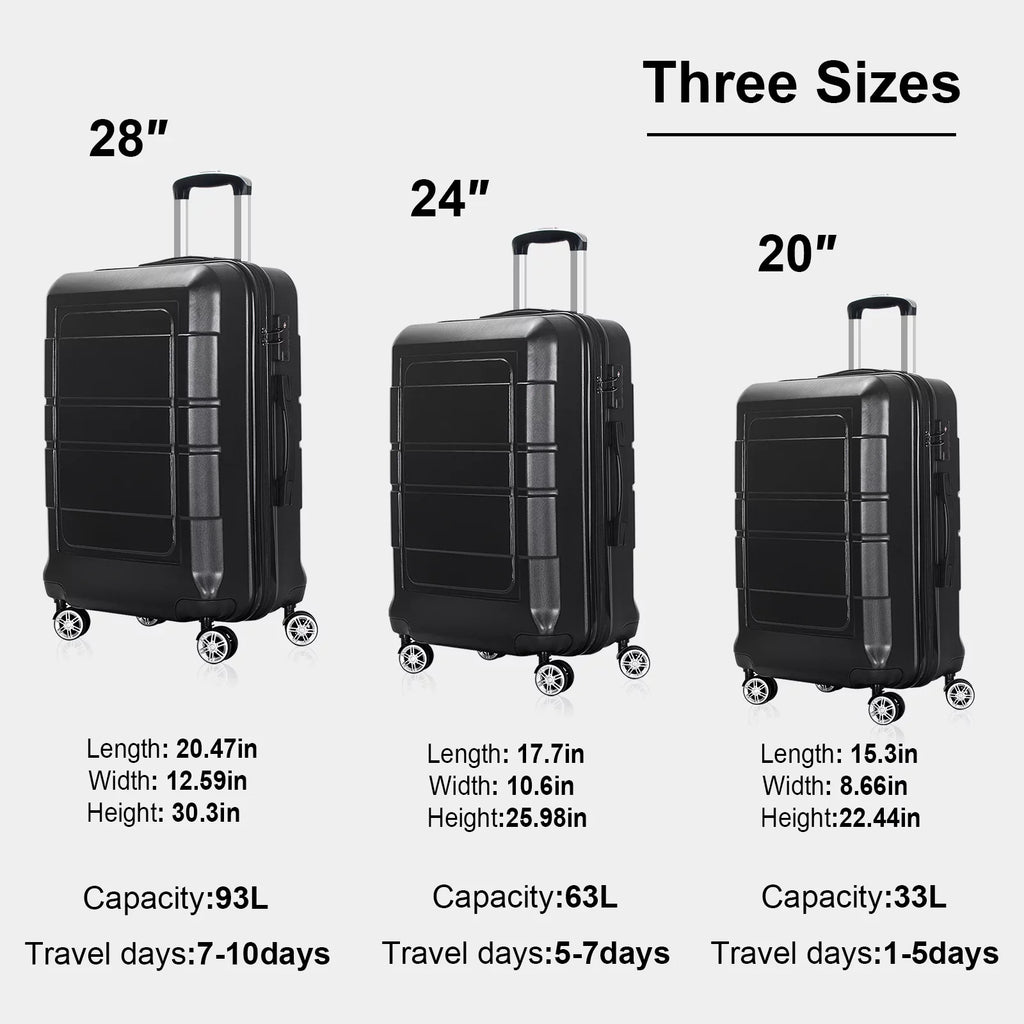 AEDILYS 3 Pcs Hardside Luggage Set, with TSA Lock and 20"/24"/28" Luggage Bags, Black