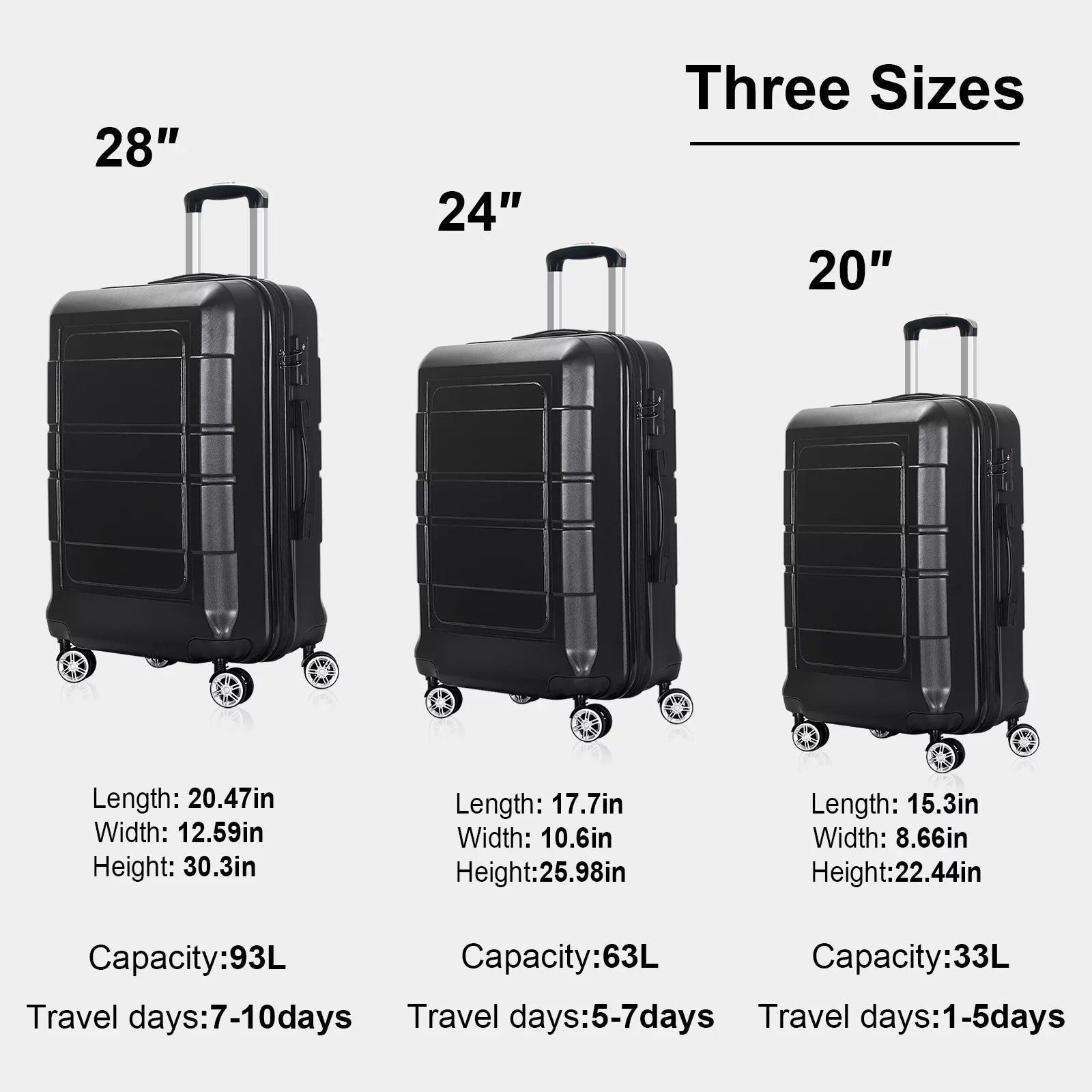 AEDILYS 3 Pcs Hardside Luggage Set, with TSA Lock and 20"/24"/28" Luggage Bags, Black