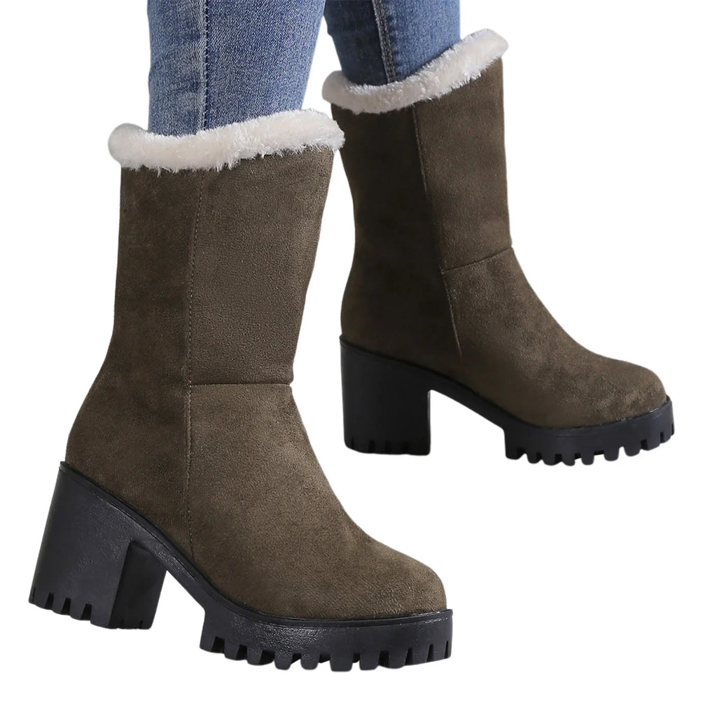 Wide Womens Hiking Boots Ladies Fashion Winter Plush Warm Solid Suede Thick High Heel Cotton Boots