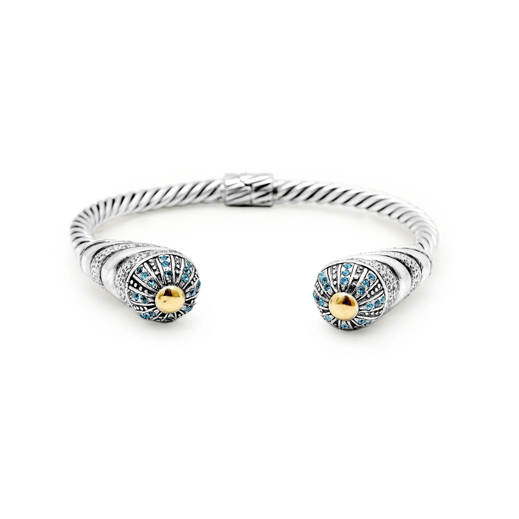 Deni Jewelry 18K Gold & Silver cable cuff bracelet, Blue Topaz Pave Setting
