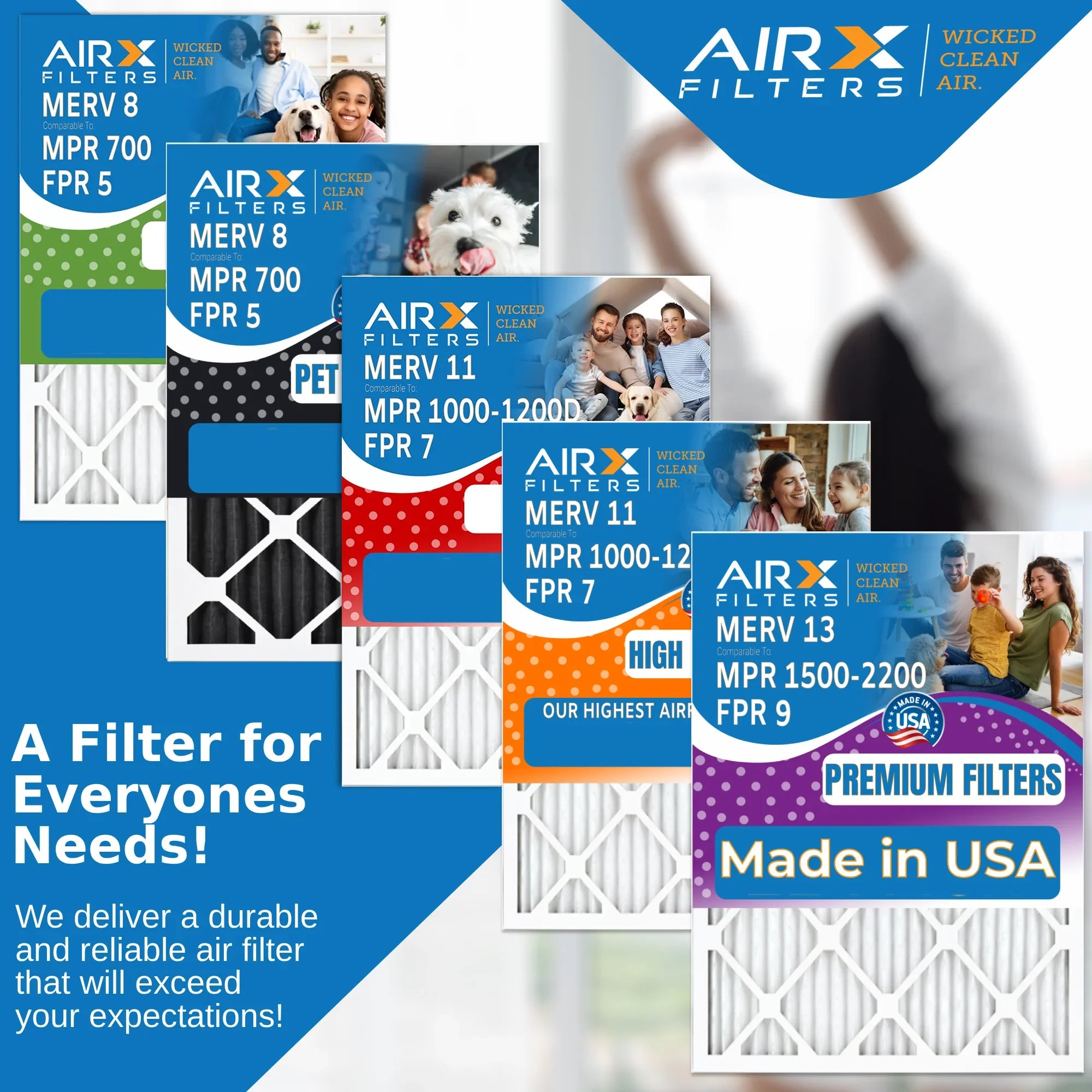 16x25x5 Air Filter MERV 13 Comparable to MPR 1500 - 2200 & FPR 9 Compatible with Air Bear 255649-105 Premium USA Made 16x25x5 Furnace Filter 2 Pack by AIRX FILTERS WICKED CLEAN AIR.