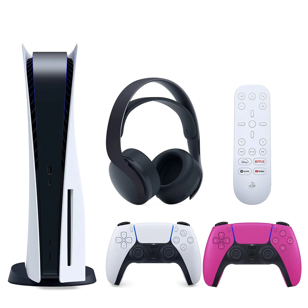 Playstation 5 Disc Version ( PS5 Disc) with Extra Nova Pink Controller, Black PULSE 3D Headset and and Media Remote Bundle with Cleaning Cloth