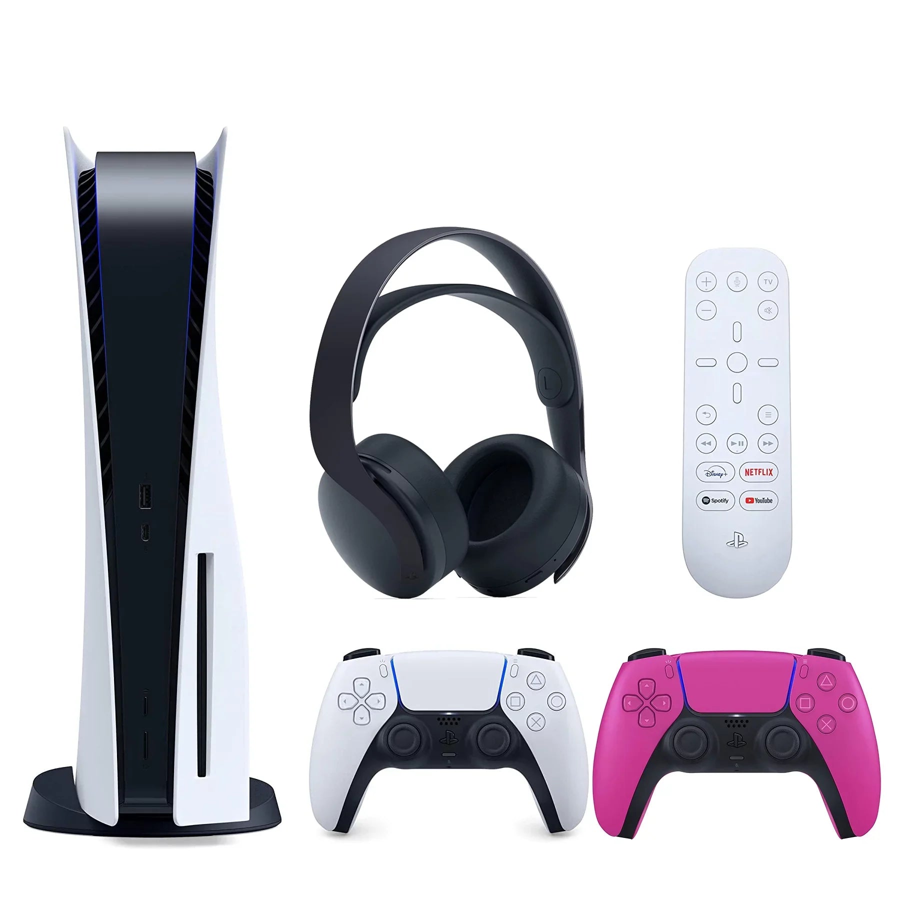 Playstation 5 Disc Version ( PS5 Disc) with Extra Nova Pink Controller, Black PULSE 3D Headset and and Media Remote Bundle with Cleaning Cloth