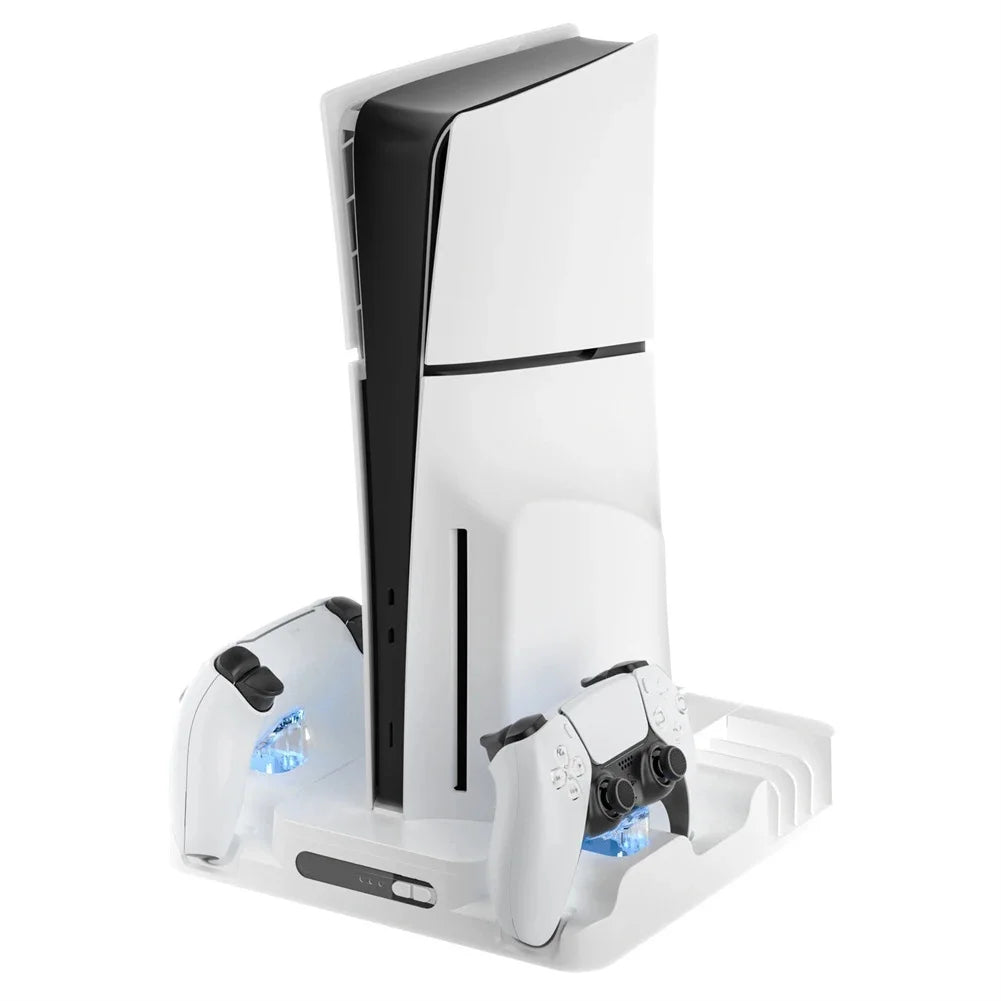 Stand Cooling Station for PS5 Slim Game Console with Dual Controller Charging Station Game Slots Game Console Accessories-White