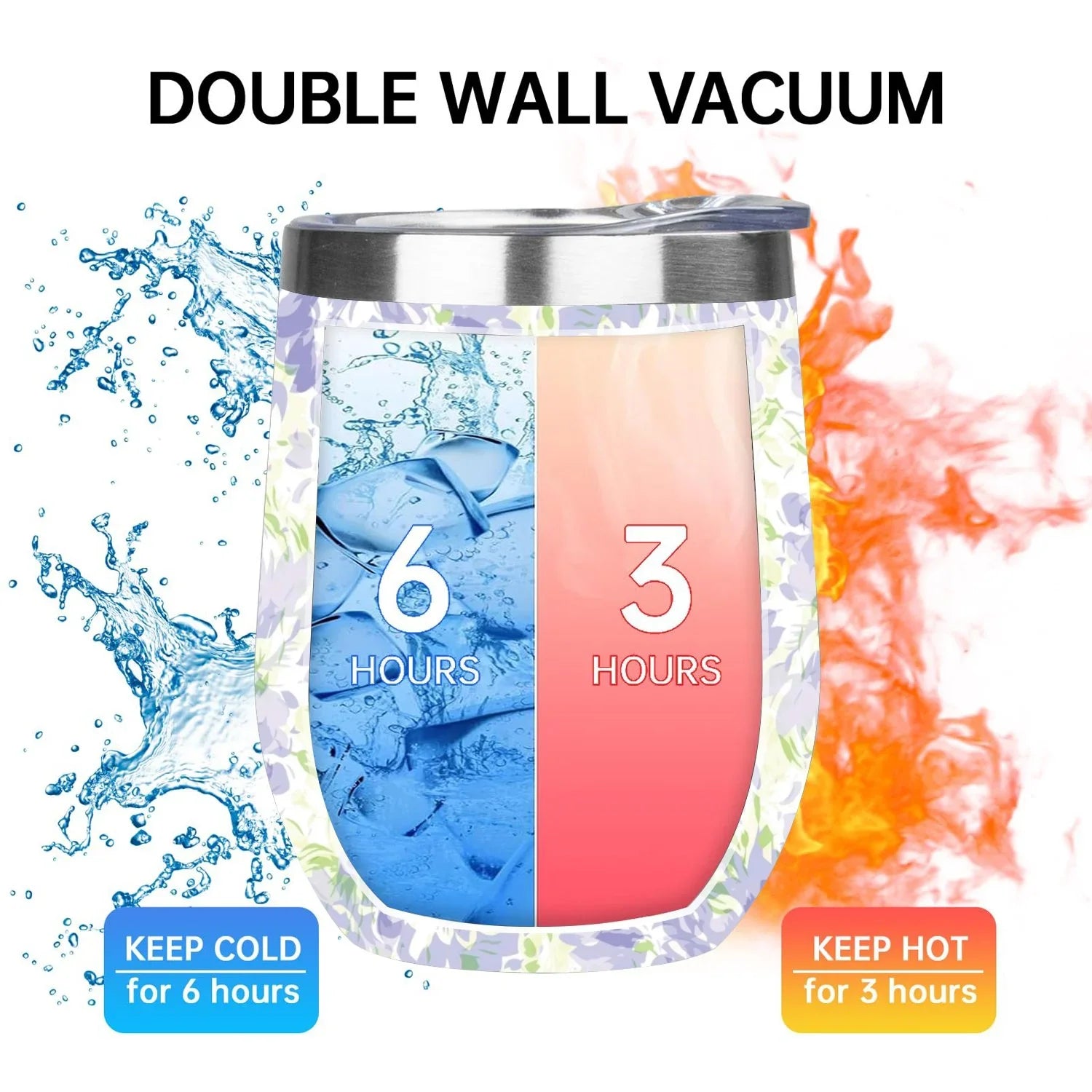 Hidove 12oz 304 Stainless Steel Vacuum Insulated Cups, Blue with Green Floral Pattern Eggshell Cup U Shape Tumbler Cups with Lid, Double Layer Insulation Wine Cup Big Belly Cup