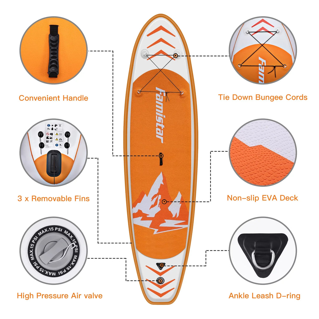 Famistar 10' Inflatable Stand Up Paddle Board (6"Thick) with SUP/ 3 Pins | Wide Stance, Bottom Fin for Paddling, Surf Control, Non-Slip Deck |Youth & Adult Standing Boat-Orange