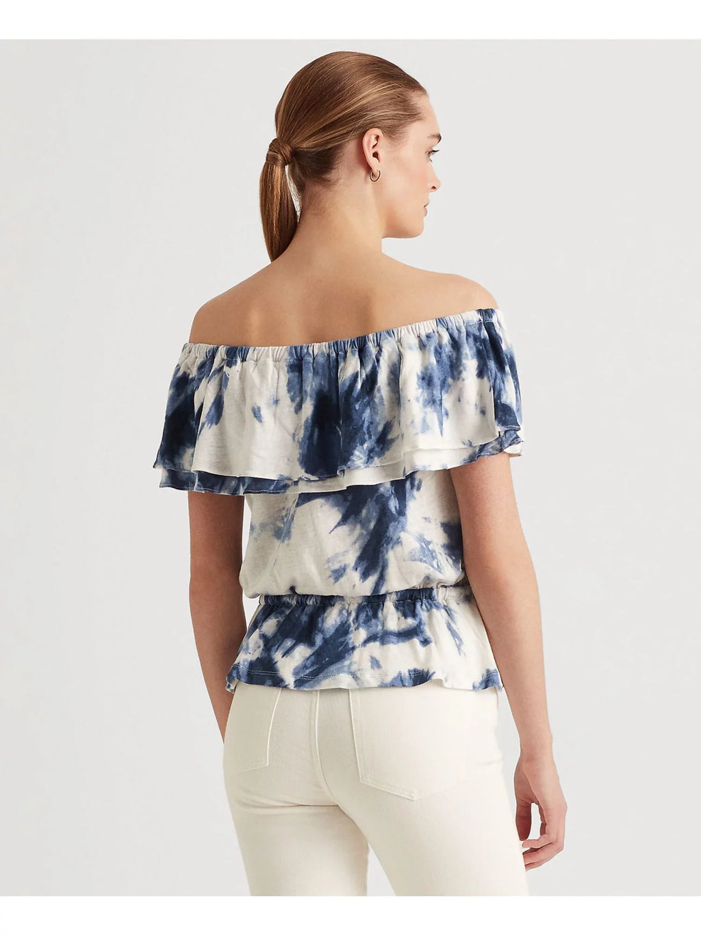 LAUREN RALPH LAUREN Womens White Ruffled Elasticized Drawcord Waist Tie Dye Short Sleeve Off Shoulder Peplum Top S