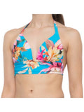 LA BLANCA Women's Blue Tropical Print Shirring Tie Sweetheart Molded Cup Halter Swimsuit Top 4