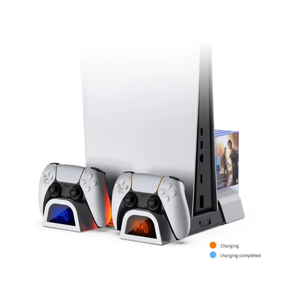 Cooling Stand Station with Dual Charging Base for PS5 Slim Disc & Digital Version with 3-Level Cooling Fan, 10 Game Discs Slot & Media Remote Storage Slot-White Black