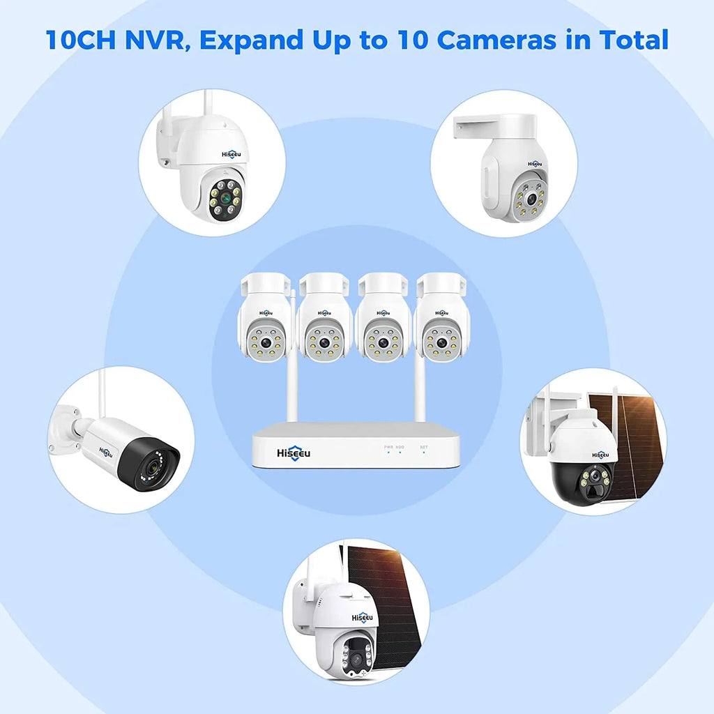 Hiseeu WiFi PTZ Security Camera System,5MP,Expandable 10CH NVR,1TB Hard Drive,12V DC Power Cords,IP66 Liquid Motion Alert, Plug&Play,24/7 Motion Record, Auto Track