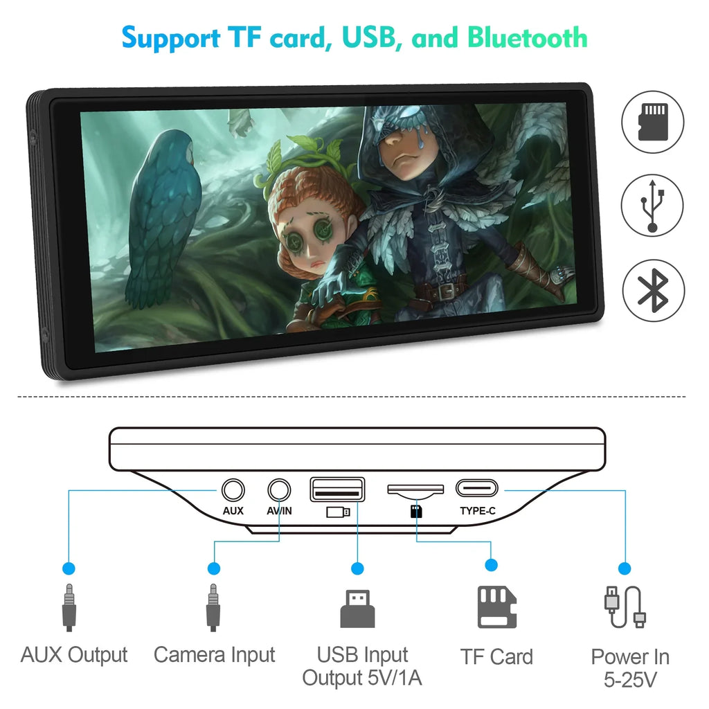 Portable Wireless Carplay & Android Auto Car Stereo, 10.26 Inch Full HD Car Touch Monitor Portable Car Radio Receiver Backup Camera