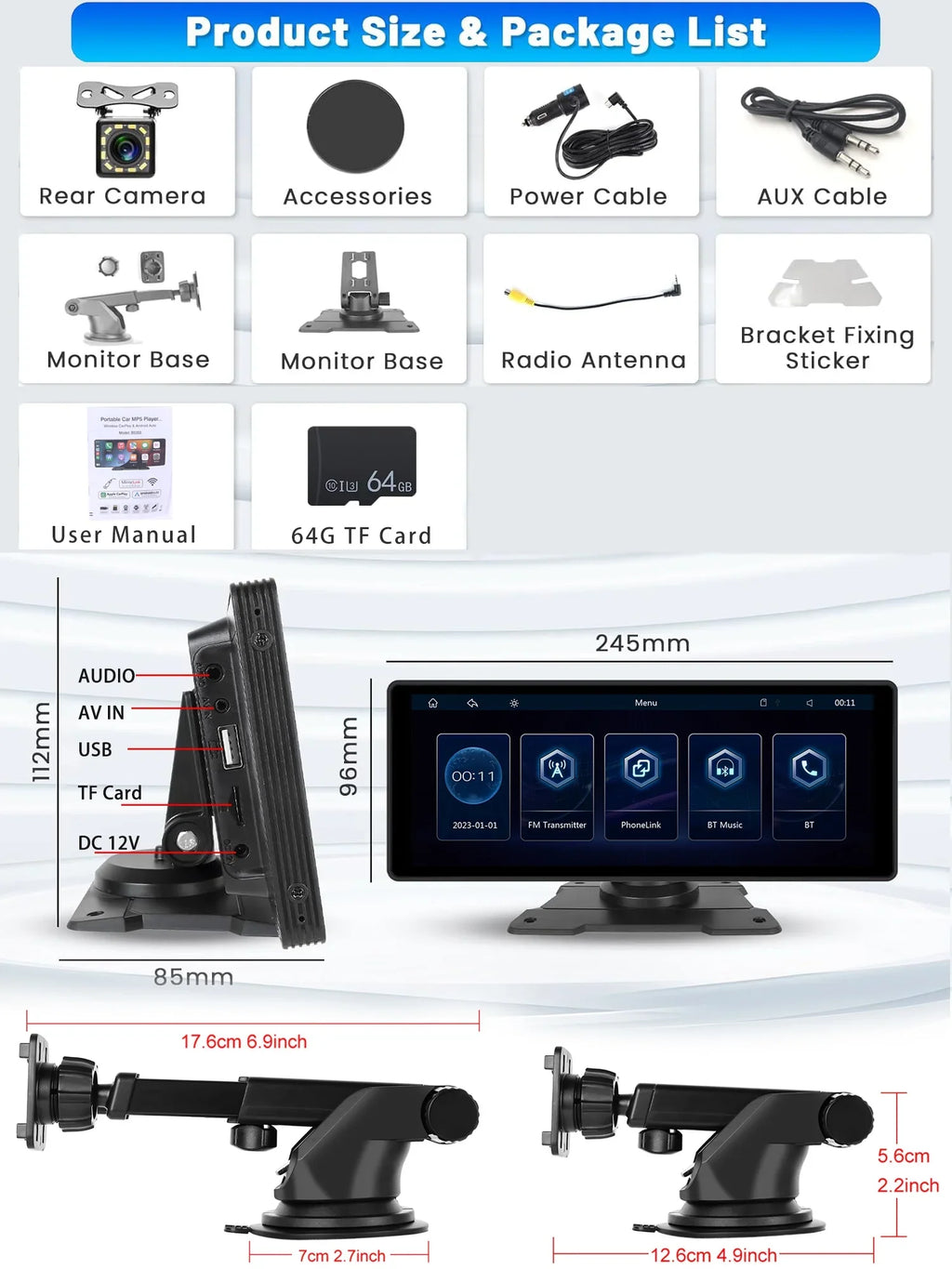 Podofo 7-32V 10.26" Portable Touch Display Car Stereo Radio Wireless Carplay Android Auto Mirror Link FM Bluetooth AUX for Car Suv Van Pickup Vehicles, with 64G Card&Backup Camera