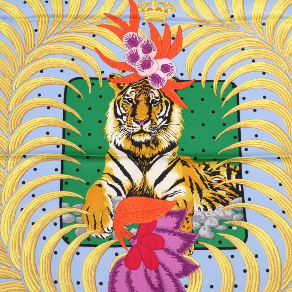 Pre-Owned Hermes King's Tiger Fururi Scarf Muffler Silk Green Blue (Like New)