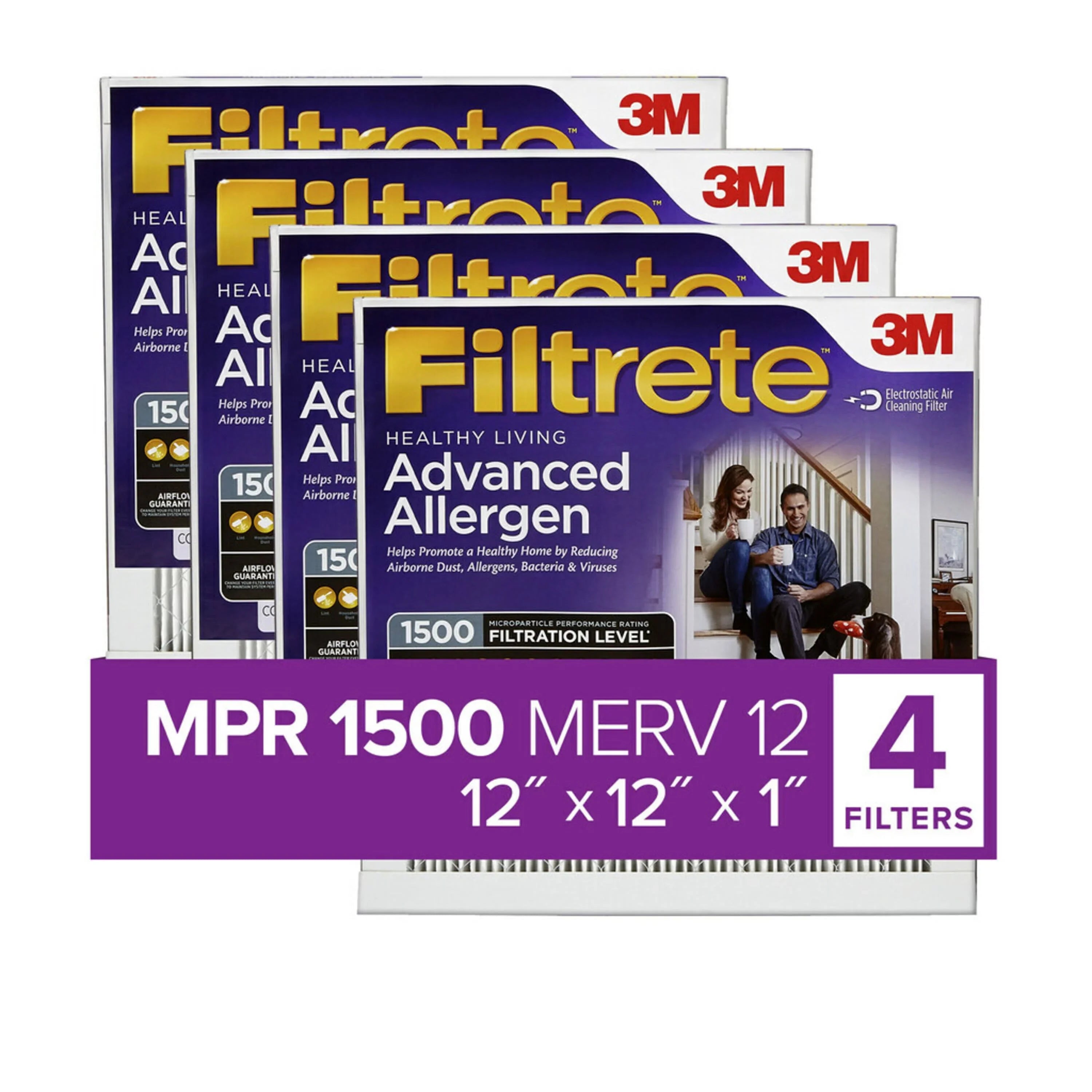 Filtrete 12x12x1 Air Filter, MPR 1500 MERV 12, Advanced Allergen Reduction, 4 Filters