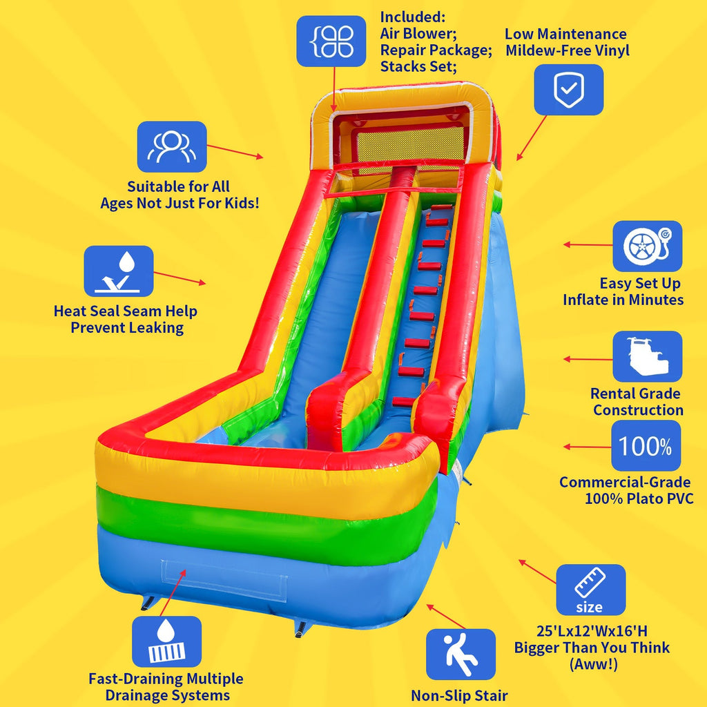 GOOSH 16 FT Inflatable Liquid Slide with Air Blower, Blow Up Kid Fluid Slide for Backyard Outdoor Fun, Commercial Grade Fluid Slide Inflatable- Climbing Wall, Slides & Splash Pool