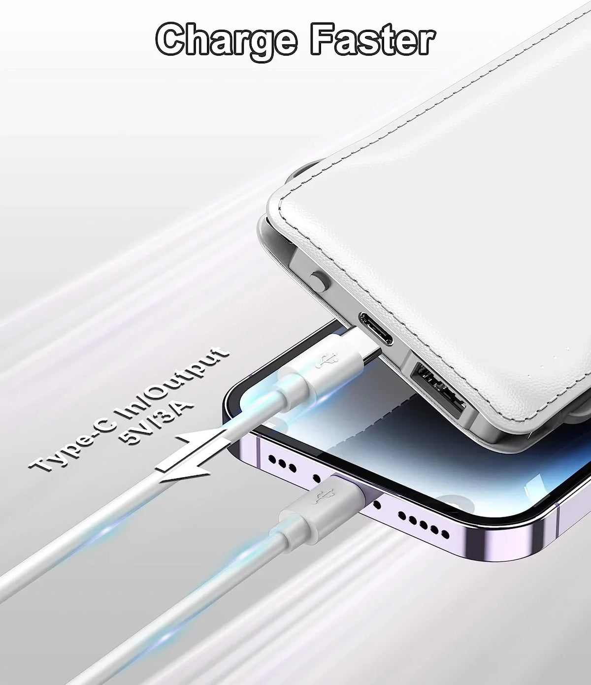 TG90 10000mah Power Bank External Battery Packs, Portable Charger with Built-in Lightning and Type-C Cable for Cell Phone Battery Backup, Portable Phone Charger Compatible with iPhone, Android Phones White