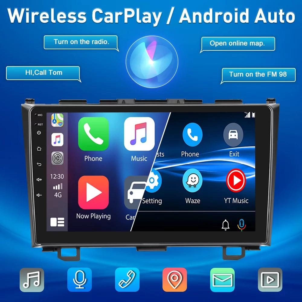 For Honda CRV 2007-2011 9'' Monitor Car Stereo Radio Player Wireless Carplay Android Auto Mirror Link HD 1080P Android 12 Bluetooth WIFI GPS FM USB Hifi, AHD Backup Camera