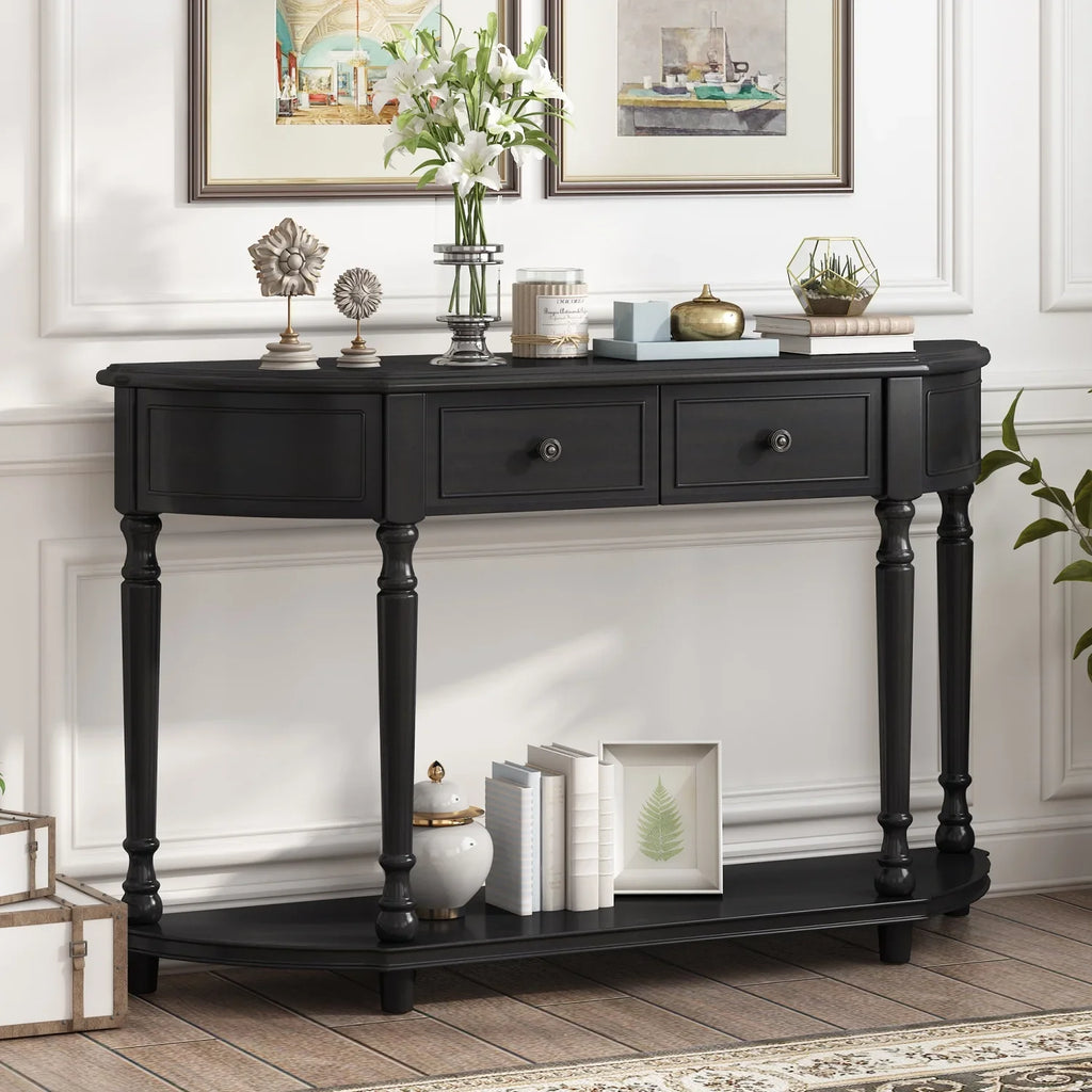 TREXM Retro Circular Curved Design Console Table with Open Style Shelf Solid Wooden Frame and Legs Two Top Drawers (Cherry + Antique Blue OLD SKU WF298768AAC)