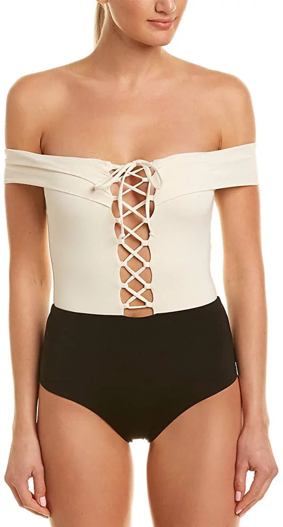 L*Space CREAM/BLACK/CAMEL Anja One Piece Swimsuit, US 4