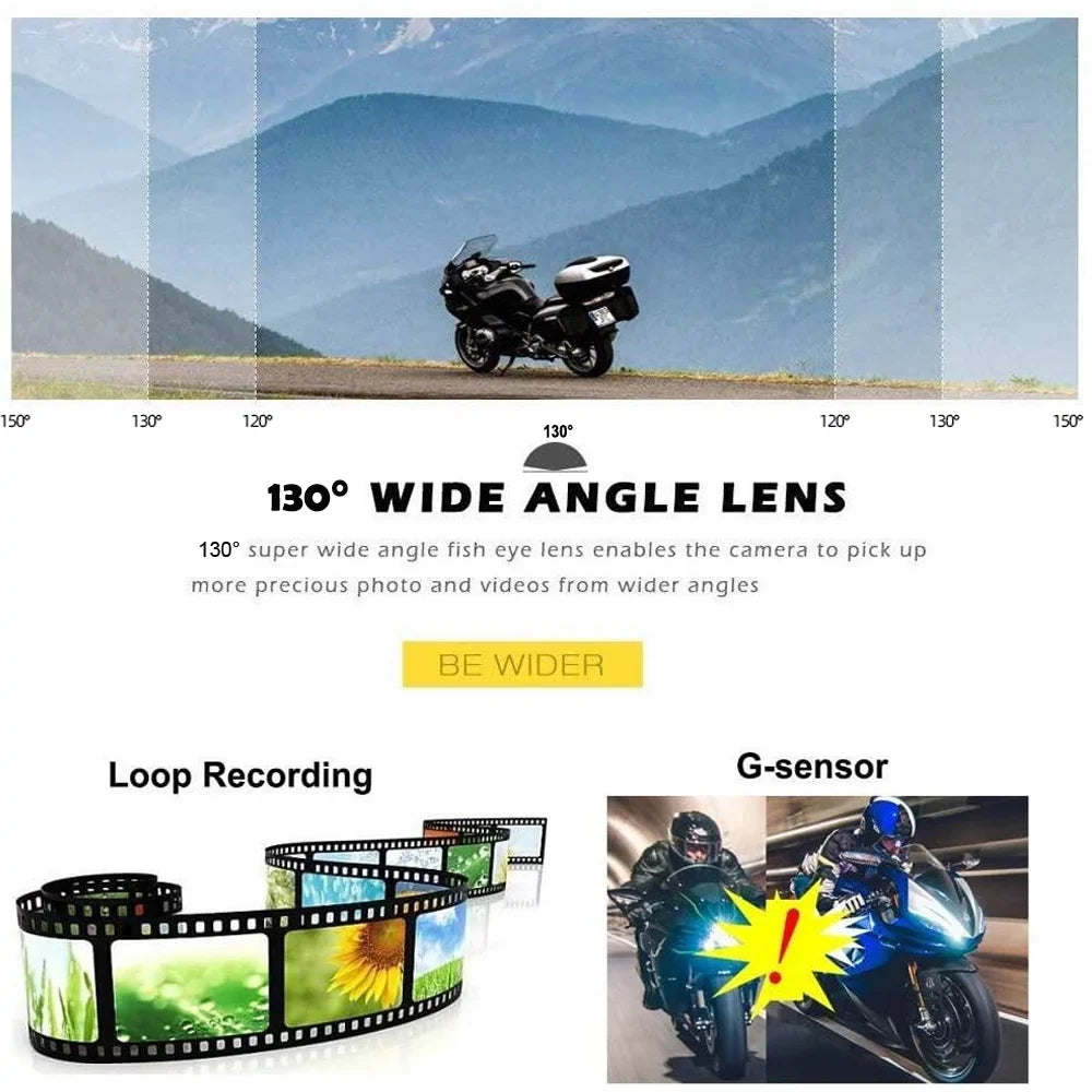 VSYSTO HD 1080P No Monitor Motorcycle Dash Cam, WiFi Night Vision 130° Wide Angle Front & Rear Camera 2 Channels Video Driving Recorder, Loop Recording, G-sensor
