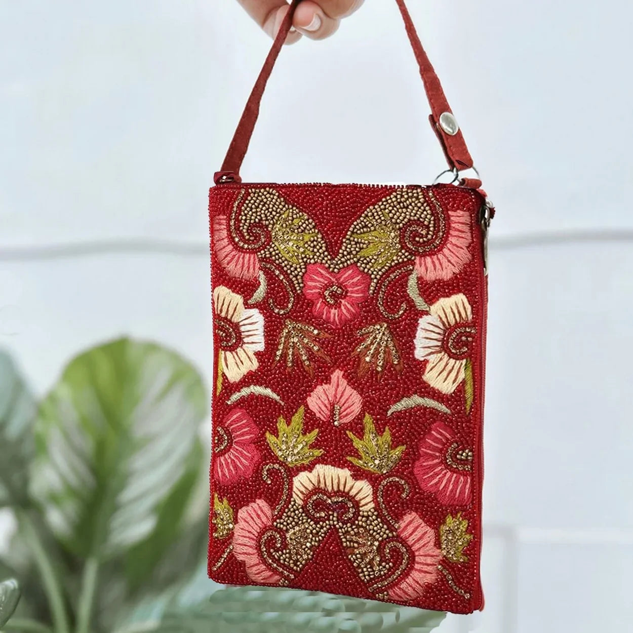 Ruby Bloom Floral Club Bag Beaded Phone Crossbody, Red Multi