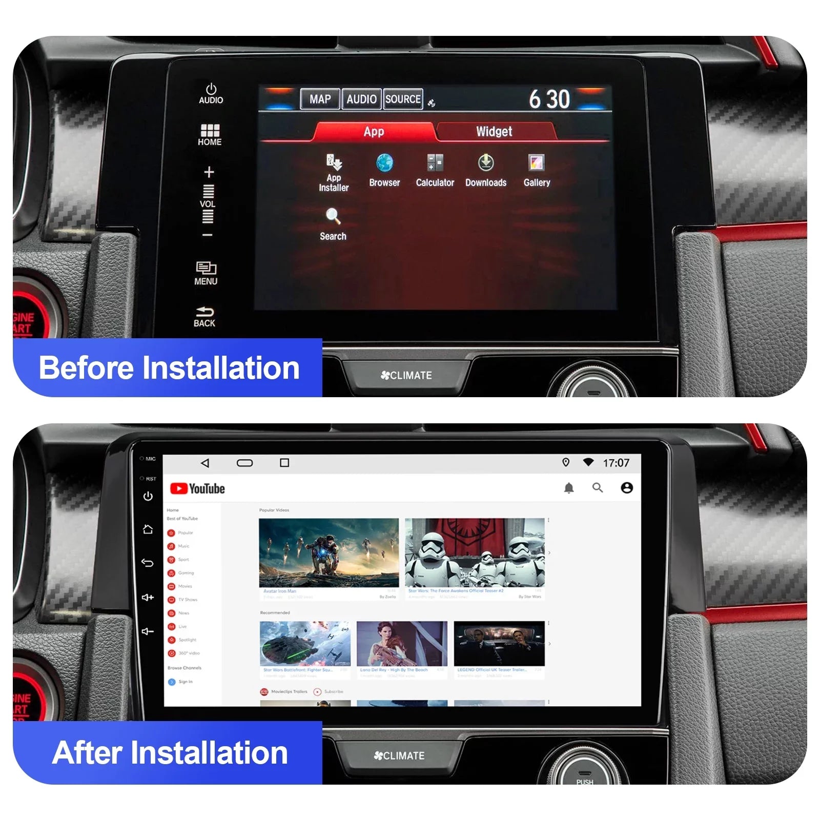 6+128G Android 12 Double Din Car Stereo for Honda Civic 2016-2020 with 9 Inch Display Radio Built-in Wireless Carplay/Android Auto AUX-in SWC Backup Camera