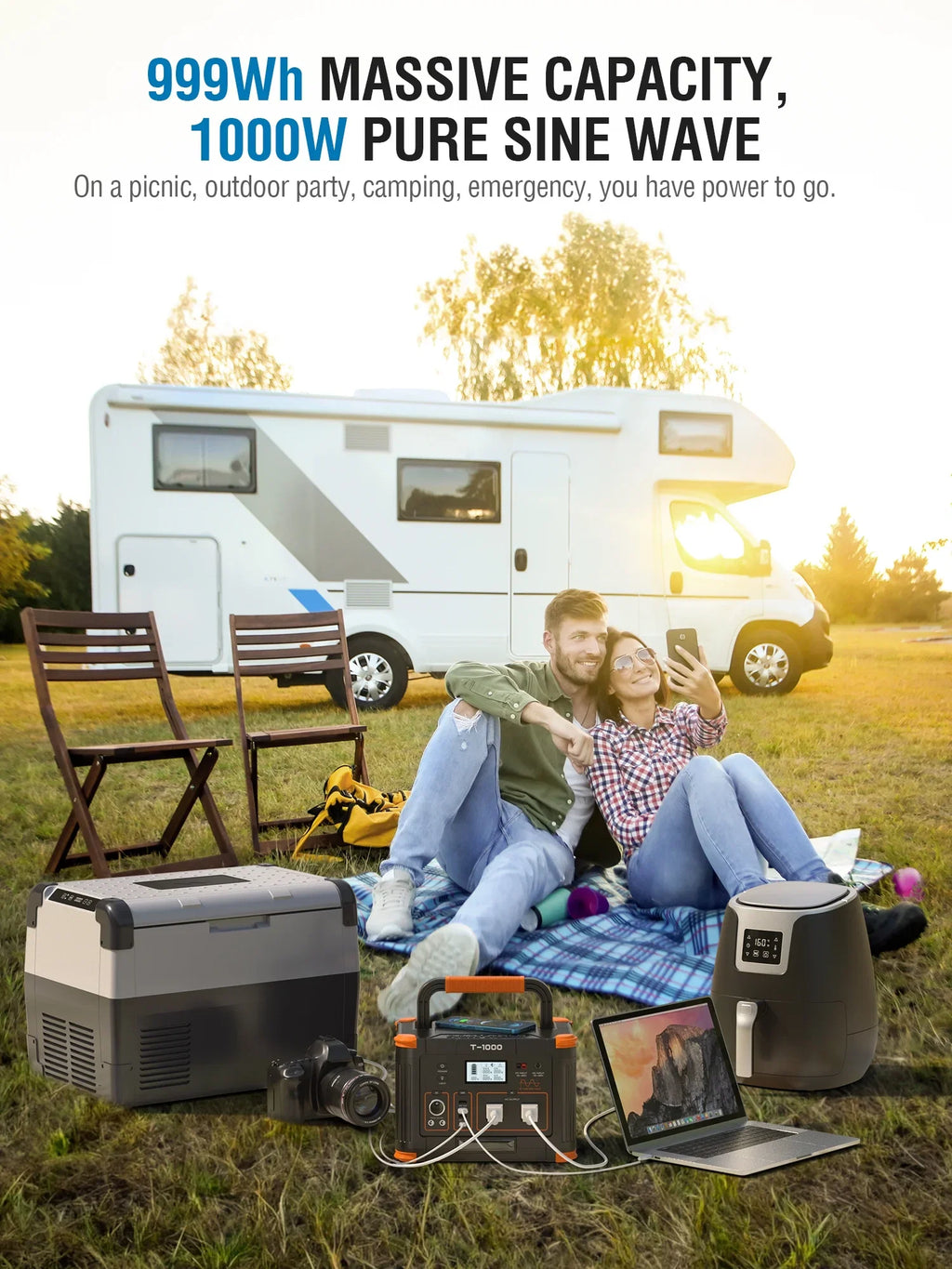 BEYGO Portable Power Station 1000W 999Wh Solar Powered Generator with 110V AC Outlet, PD 60W Fast Charging Backup Lithium Battery Pack Power Supply for Outdoor Home Camping Travel Emergency RV Van
