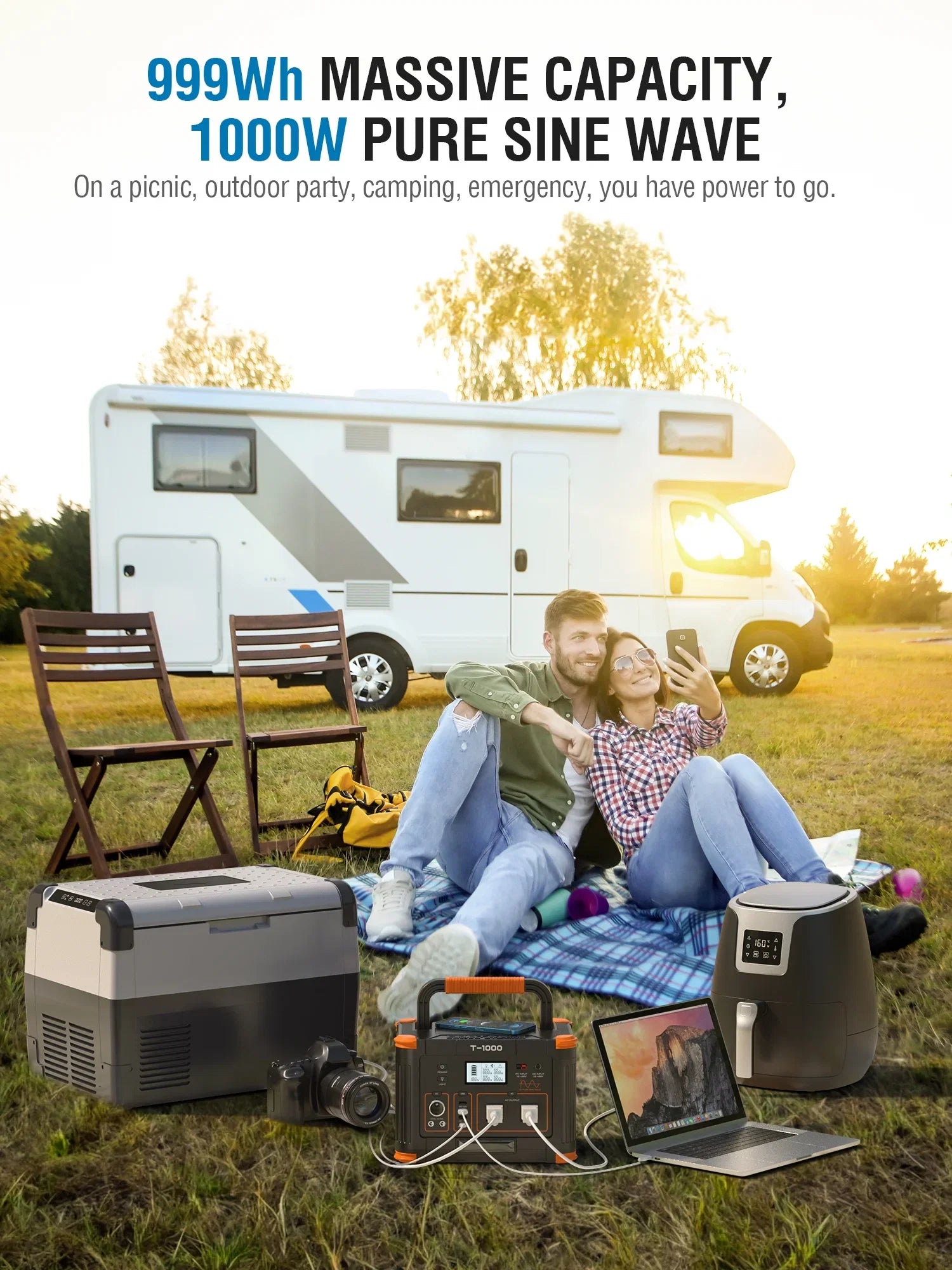 BEYGO Portable Power Station 1000W 999Wh Solar Powered Generator with 110V AC Outlet, PD 60W Fast Charging Backup Lithium Battery Pack Power Supply for Outdoor Home Camping Travel Emergency RV Van