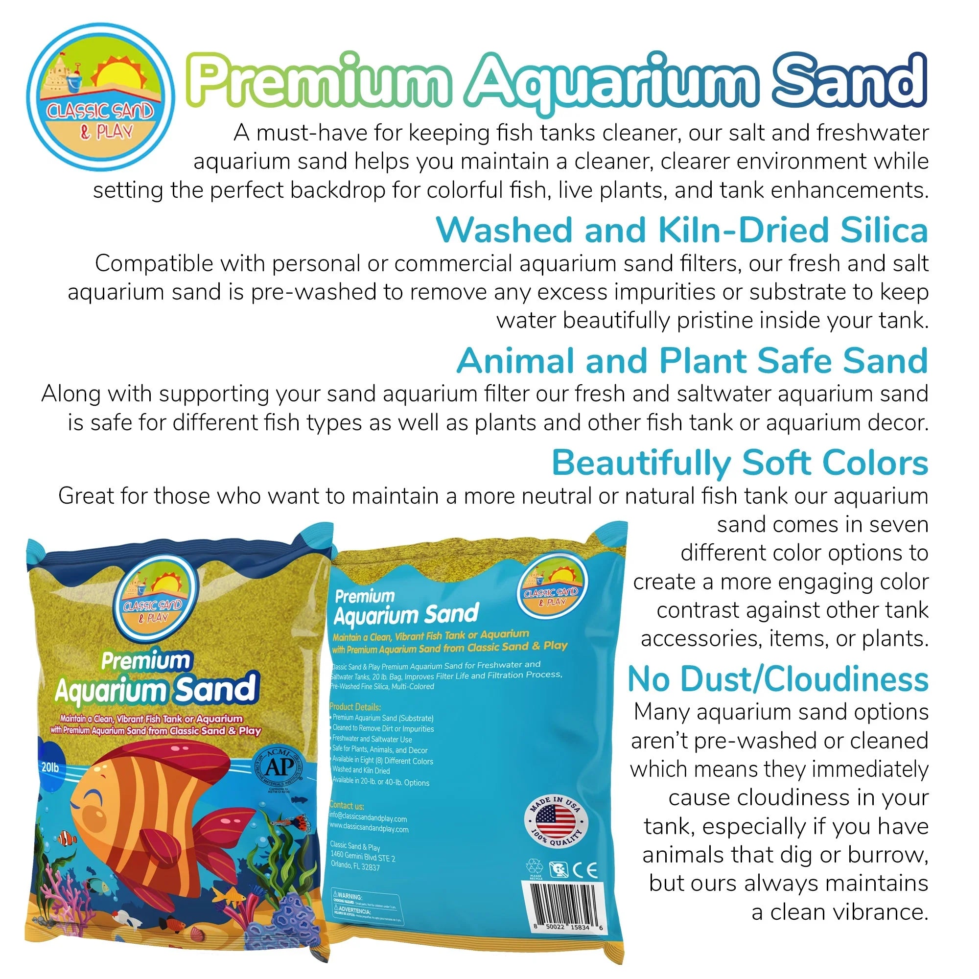 CLASSIC SAND & PLAY Natural Aquarium Sand for Liquid and Fluid Tanks, 20 lb. Yellow