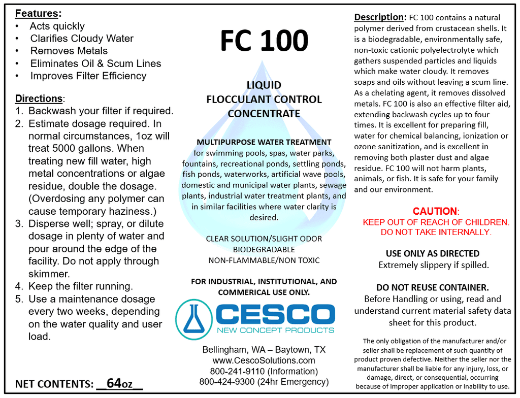 Cesco Solutions FC-100 Flocculant Clarifier - Concentrated Fluid Cleaning Liquid for Swimming Pool, Pond, Spa - Non-Toxic Pool Chemicals - Eco-Friendly, Safe Pool Supplies - 64 Oz