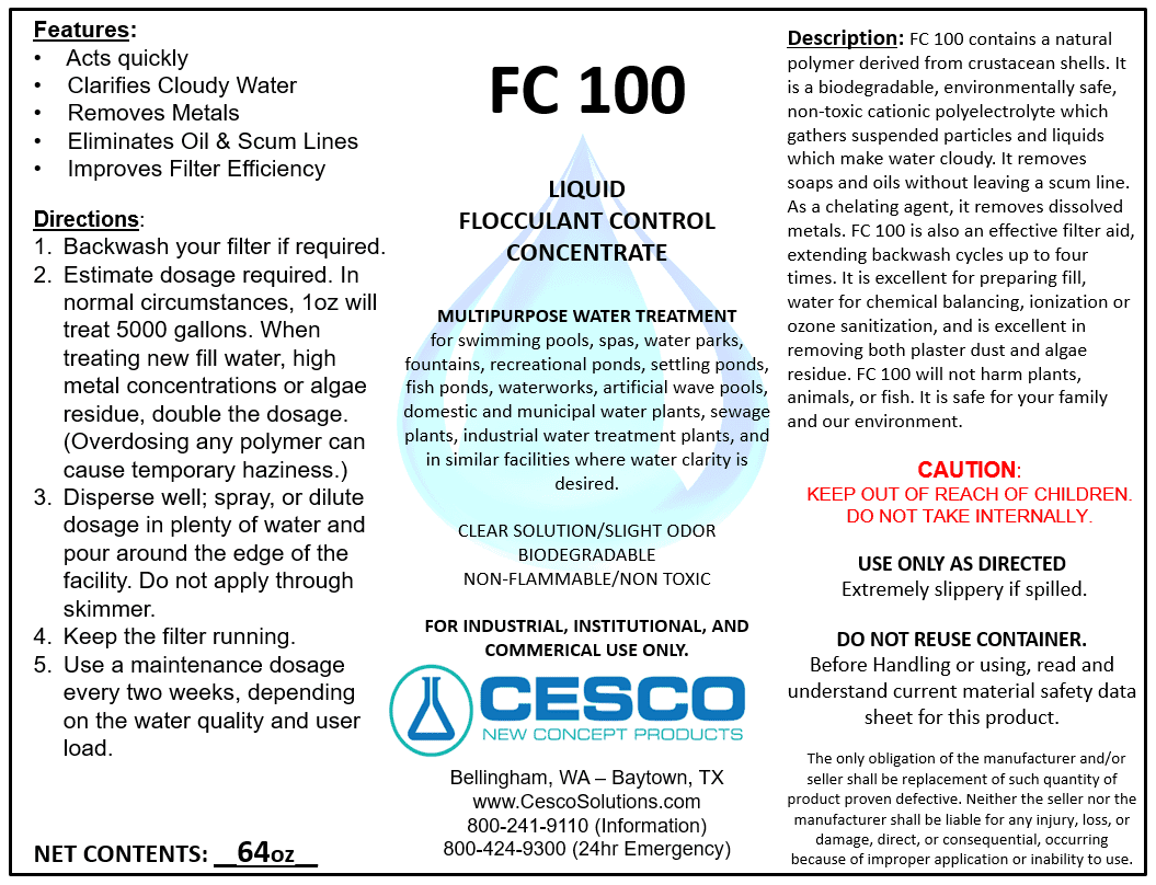 Cesco Solutions FC-100 Flocculant Clarifier - Concentrated Fluid Cleaning Liquid for Swimming Pool, Pond, Spa - Non-Toxic Pool Chemicals - Eco-Friendly, Safe Pool Supplies - 64 Oz