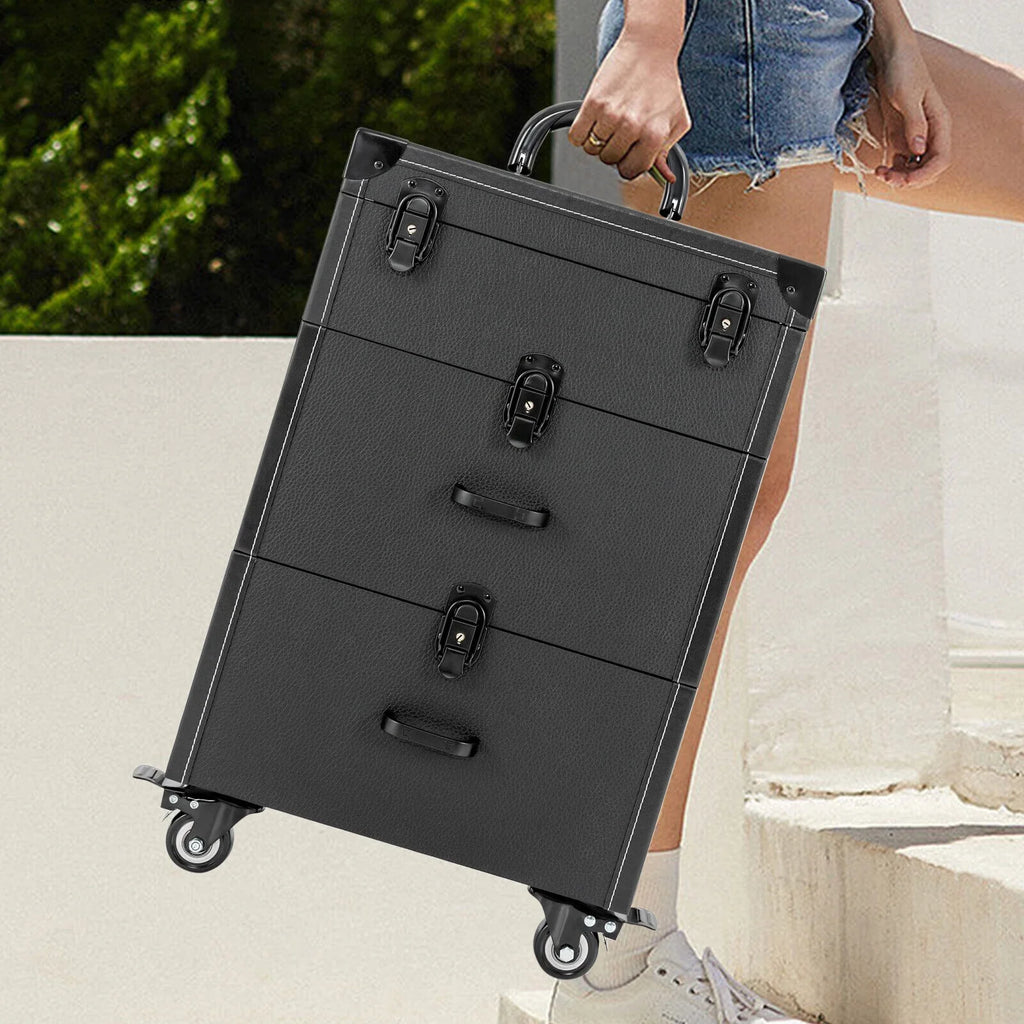 ZhdnBhnos Makeup Train Case Rolling Cosmetic Trolley Nail Polish Storage Organizer Luggage Box w/ 4 Wheels & Lock (Black)