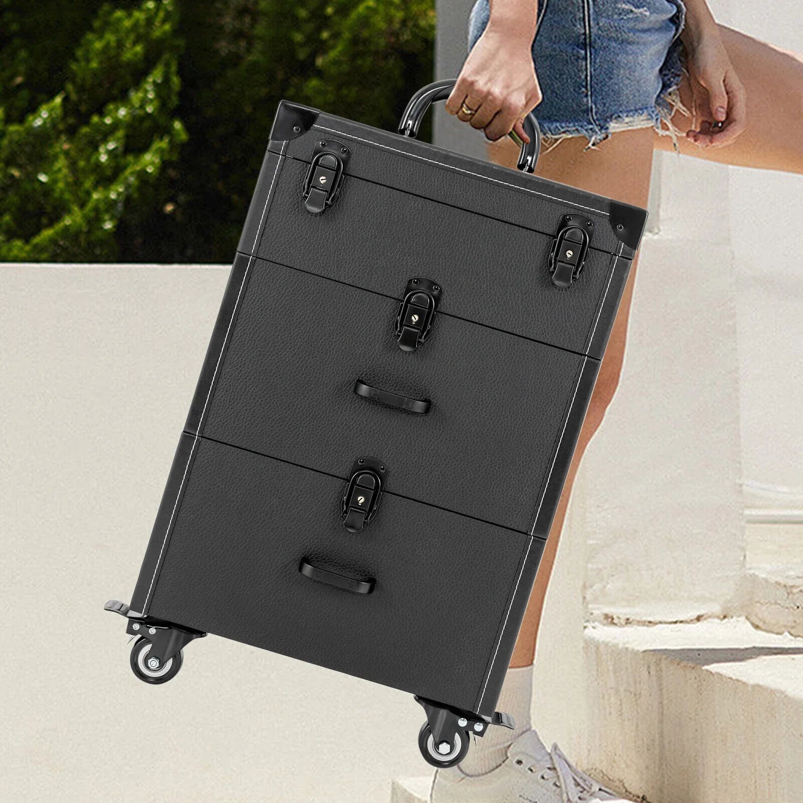 ZhdnBhnos Makeup Train Case Rolling Cosmetic Trolley Nail Polish Storage Organizer Luggage Box w/ 4 Wheels & Lock (Black)