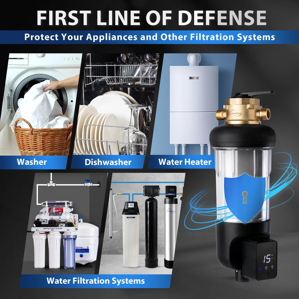 iSpring WSP500ARJ-BP Whole House Prefilter, Spin-Down Sediment Liquid Filter with Bypass, Upgraded Clear Housing, Jumbo Size, Flushable and Reusable, Monitor Auto Flushing, 4 Modes, 500 Microns