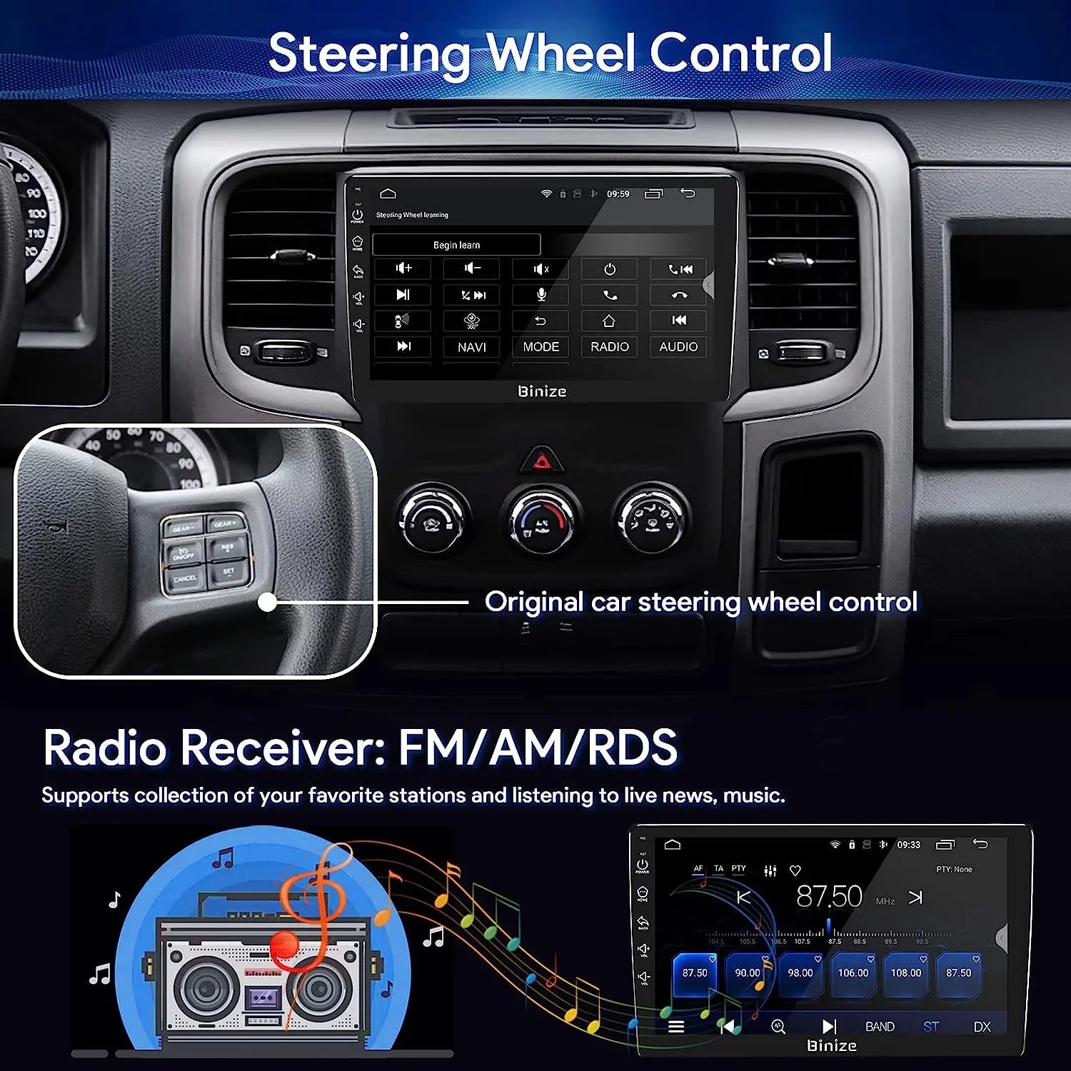 Binize Android 12 Double Din Car Stereo for Dodge Ram 1500 2500 3500 Radio 2013-2018, 9" in-Dash Navigation GPS Unit with Wireless CarPlay/Android Auto/AM/FM/Backup Camera/DSP/SWC/BT/WiFi/2+32GB