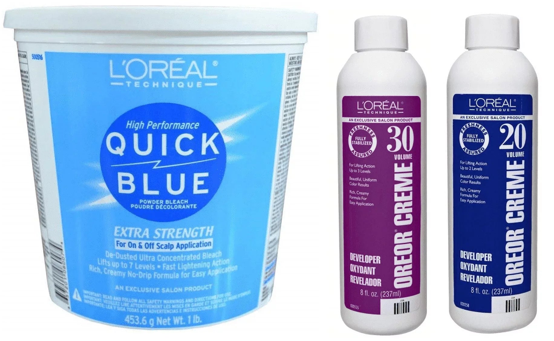 L'Oreal Quick Blue Powder Bleach, 1 LB, Loreal 20 Volume 8oz and Loreal 30 Volume 8oz Bundle