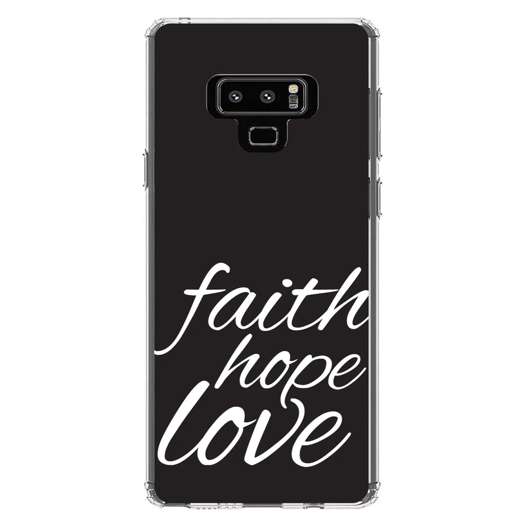 DistinctInk Clear Shockproof Hybrid Case for Galaxy Note 9 - TPU Bumper, Acrylic Back, Tempered Glass Monitor Protector - Faith / Hope / Love - Black & White - Christ