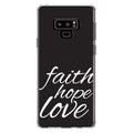 DistinctInk Clear Shockproof Hybrid Case for Galaxy Note 9 - TPU Bumper, Acrylic Back, Tempered Glass Monitor Protector - Faith / Hope / Love - Black & White - Christ