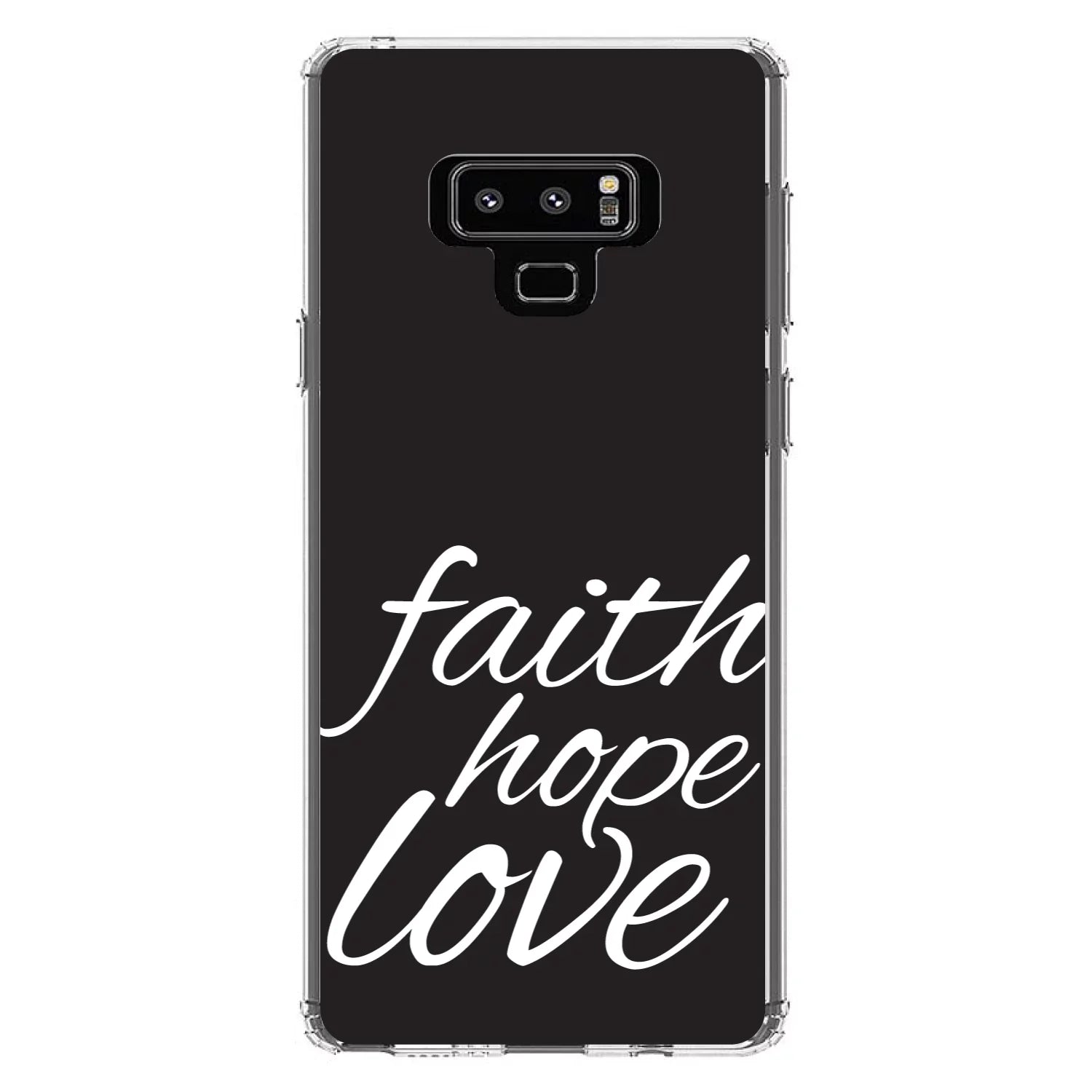 DistinctInk Clear Shockproof Hybrid Case for Galaxy Note 9 - TPU Bumper, Acrylic Back, Tempered Glass Monitor Protector - Faith / Hope / Love - Black & White - Christ