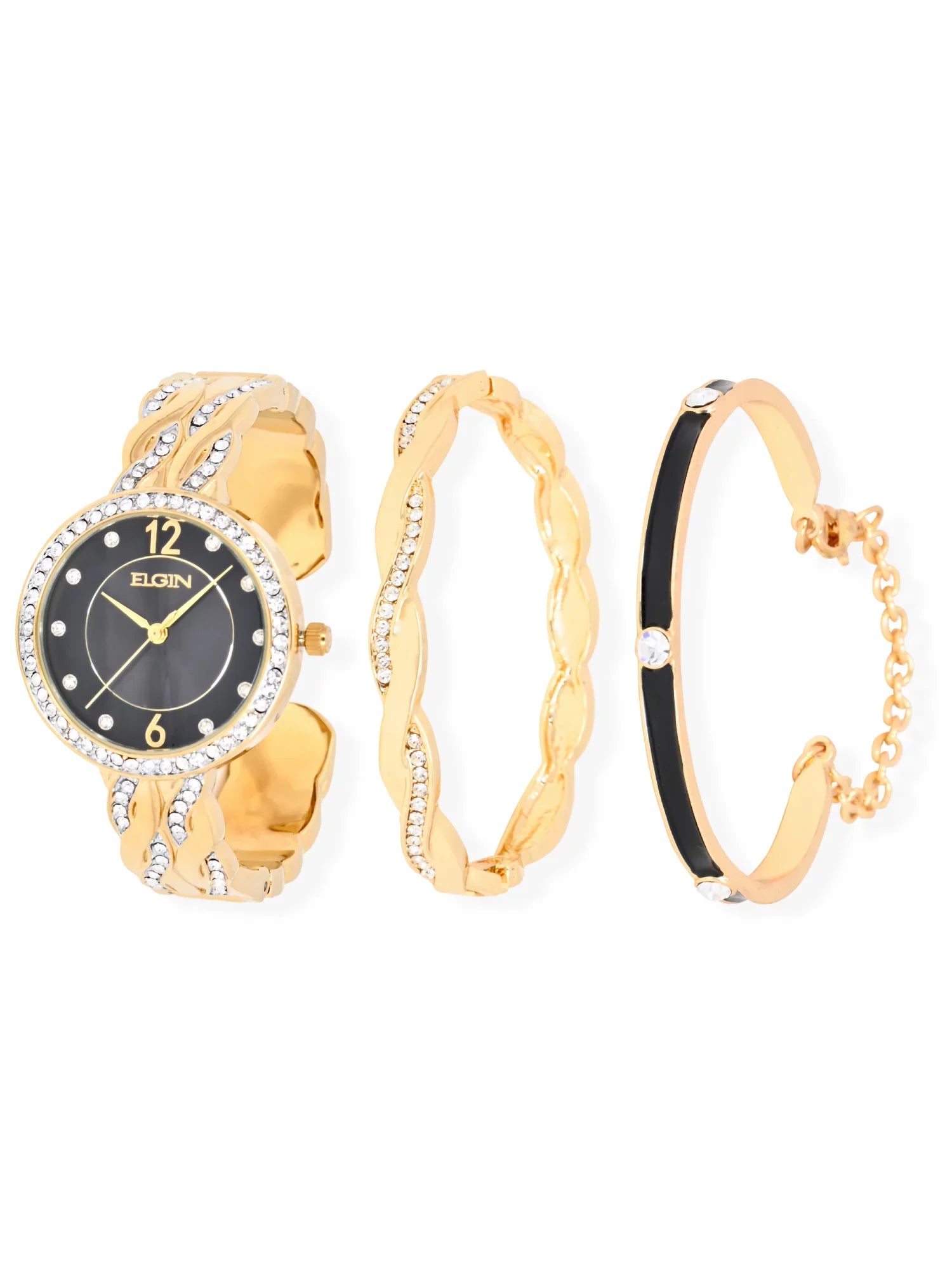 Elgin Adult Female Analog Watch Set with Round Black Dial in Gold (EG17006GST)