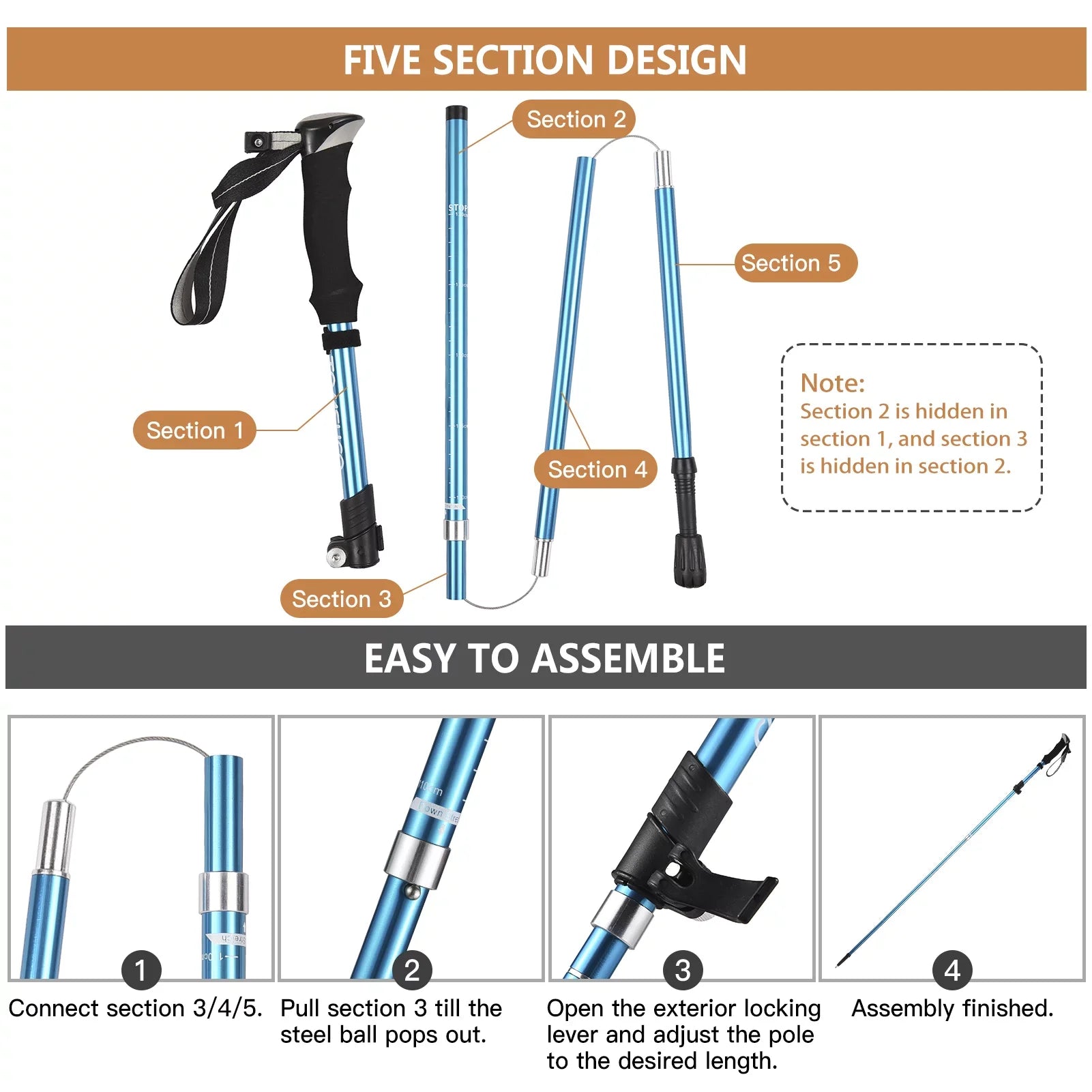 Tomshoo Trekking Pole for Hiking Camping Backpacking, Lightweight and Long-lasting Blue
