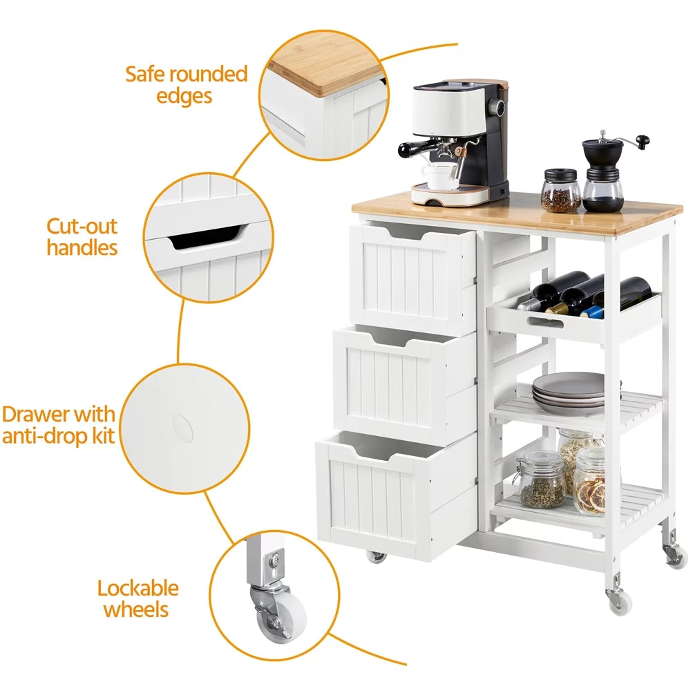 Easyfashion 33" H Storage Serving Cart with 3 Drawers for Kitchen Bar, White